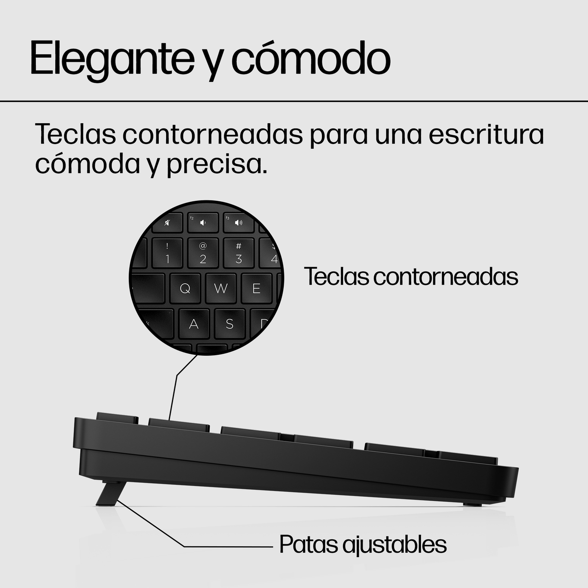 Una tastiera nera con tasti curvi, piedini regolabili e un inserto circolare che mostra un primo piano dei tasti.