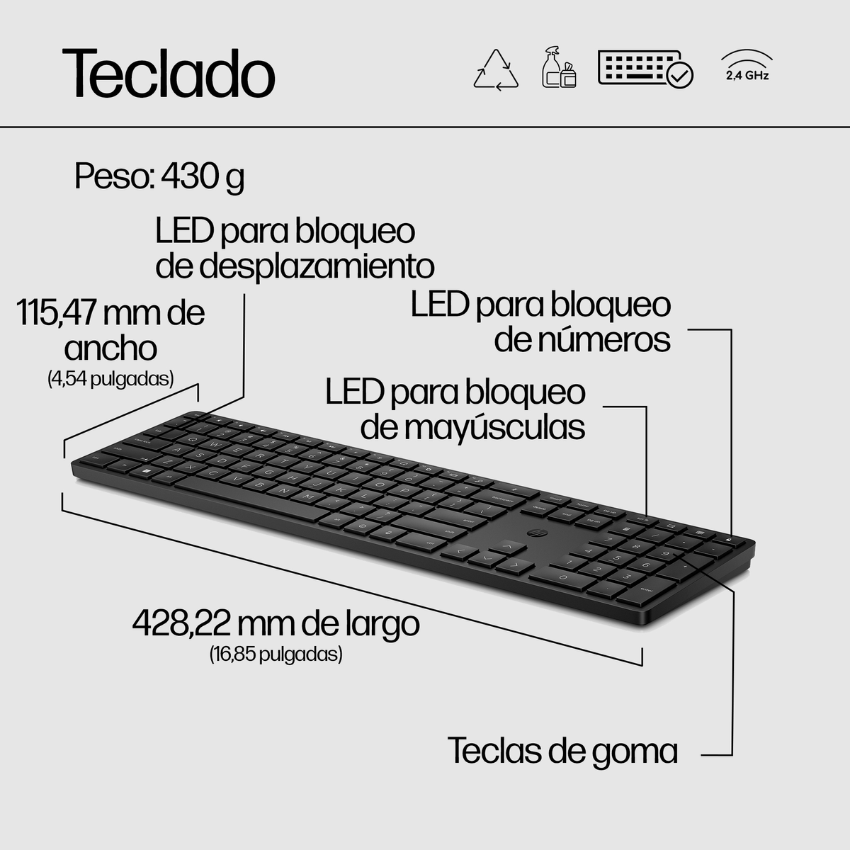 Una tastiera nera è mostrata con etichette che indicano le sue dimensioni e caratteristiche, come indicatori LED e tasti in gomma.