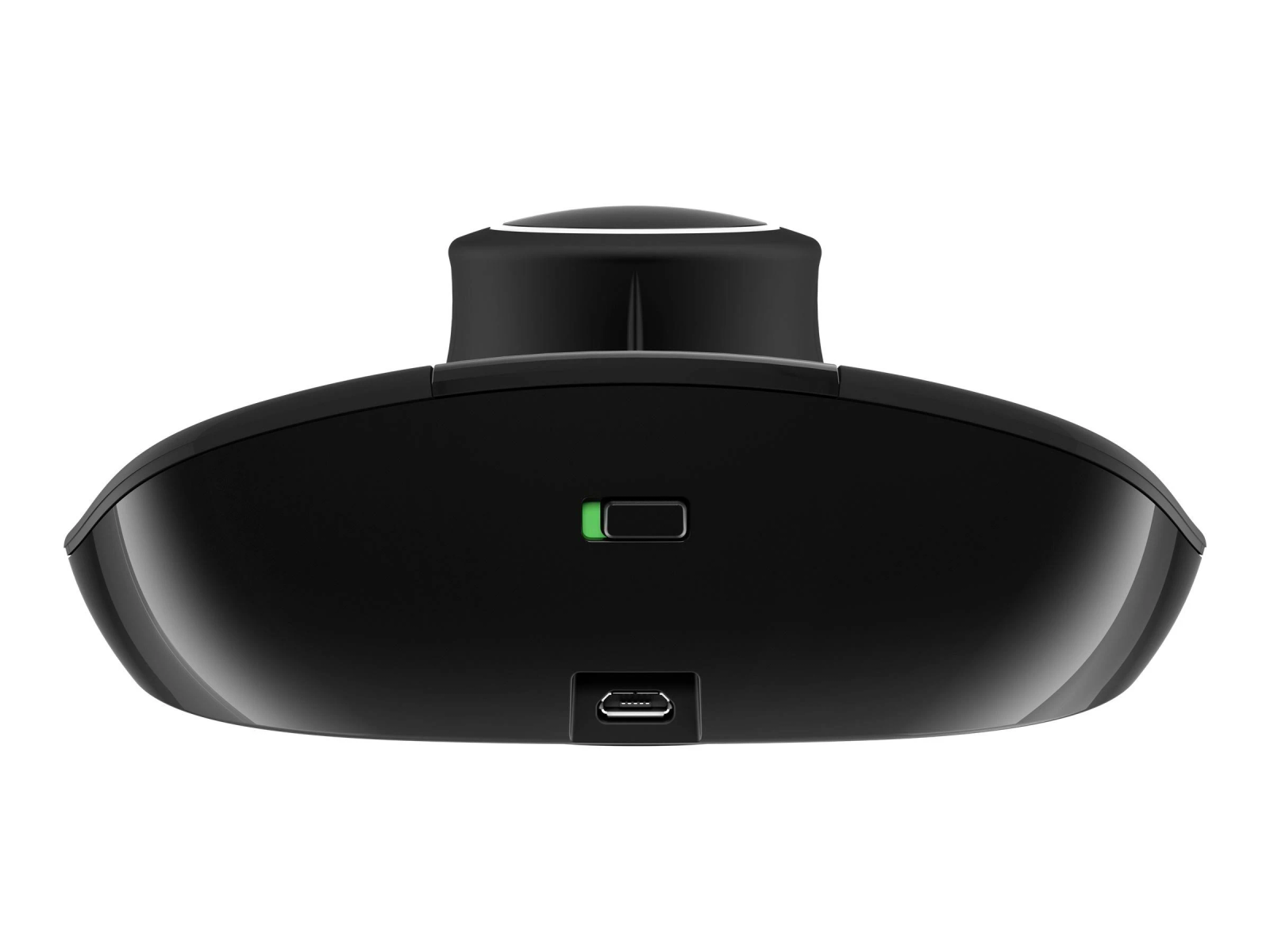 Black device with a knob and a green light. It has a USB port. White background.