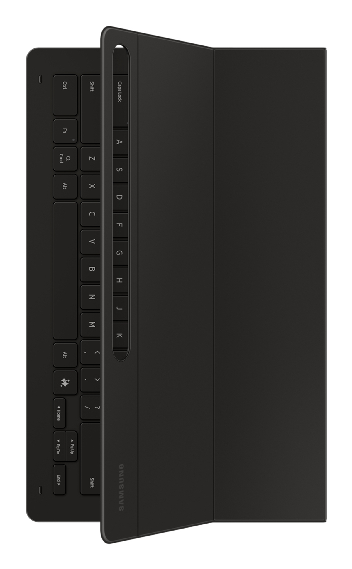 Se muestra una funda de teclado para tableta negra. La funda está abierta, revelando el teclado y la cubierta. El logotipo de Samsung es visible.