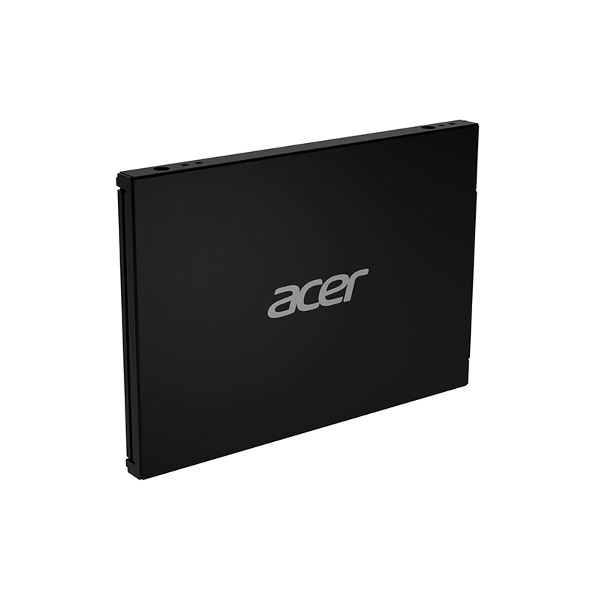 Ein schwarzer Acer-Laptop ist im Winkel gezeigt. Das Acer-Logo ist auf dem Deckel sichtbar. Der Hintergrund ist schlicht weiß.