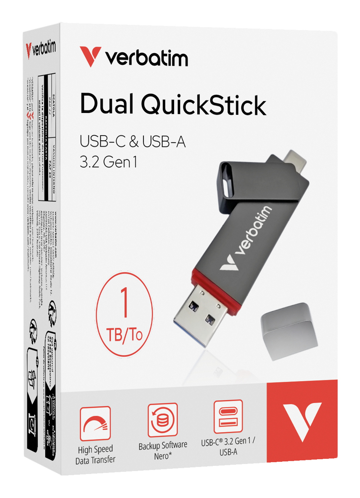 Dysk USB Verbatim Dual QuickStick jest wyświetlany na opakowaniu. Funkcje obejmują szybki transfer danych i oprogramowanie do tworzenia kopii zapasowych.
