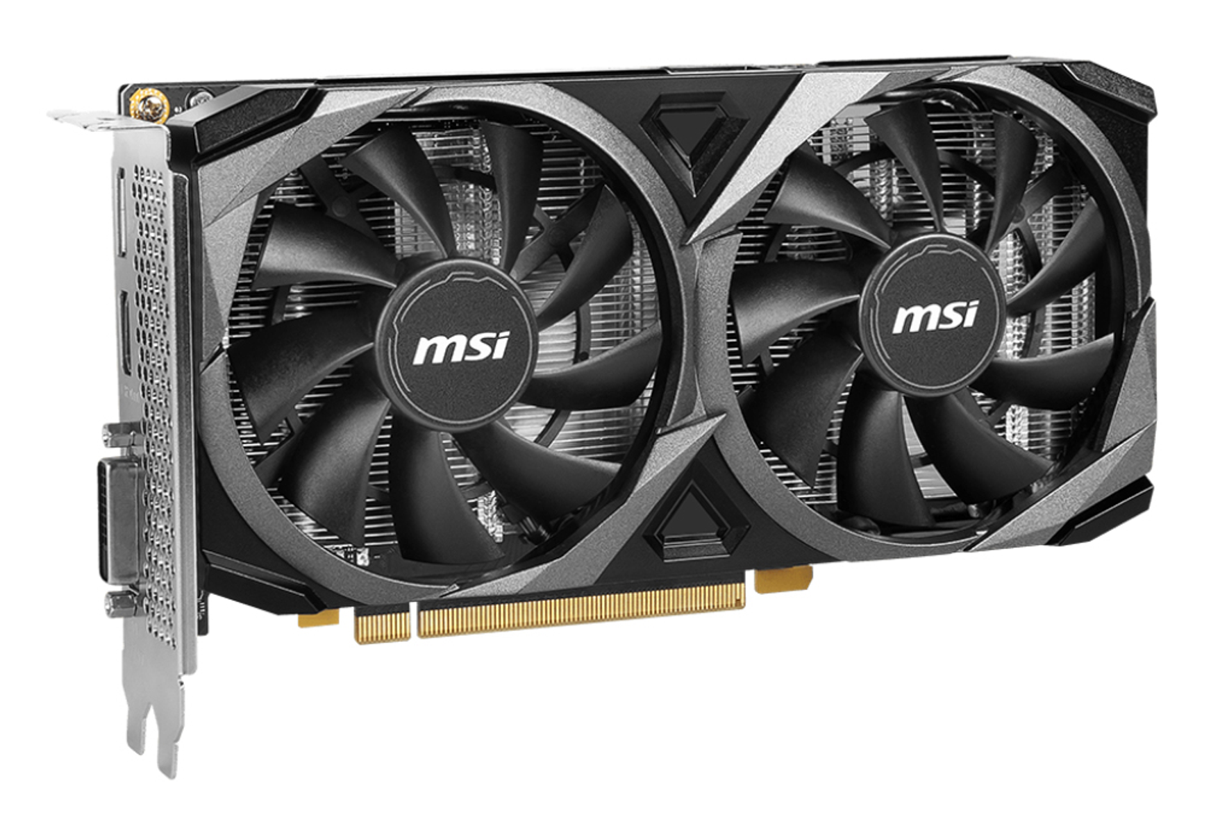 Una scheda grafica MSI nera e grigia con due ventole. Le ventole hanno il logo MSI. La scheda ha connettori dorati e un alloggiamento in metallo.