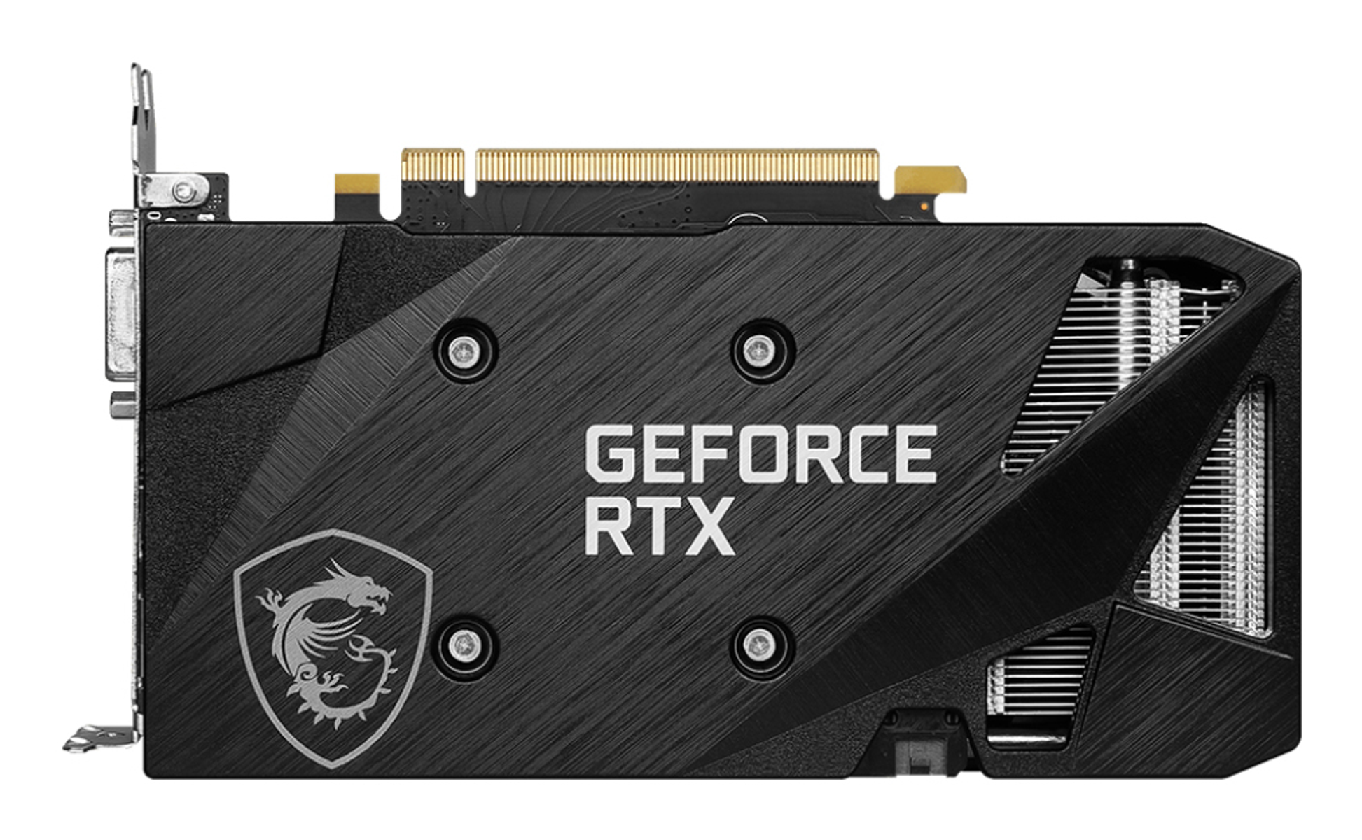 Scheda grafica nera MSI GeForce RTX. Presenta il logo MSI, il testo GEFORCE RTX e un dissipatore di calore in metallo.