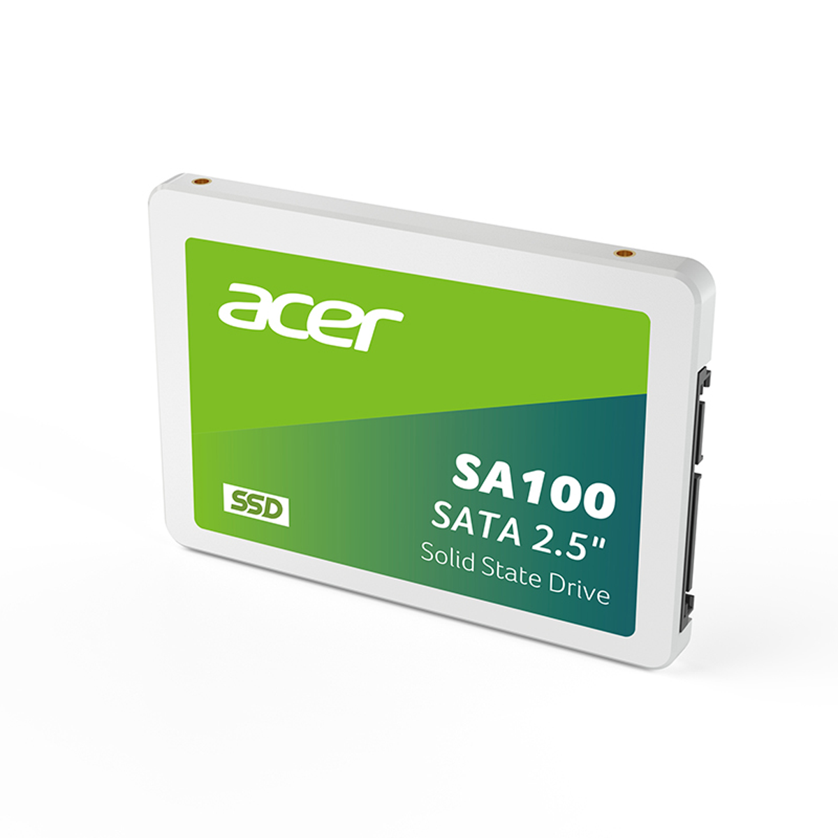 Acer SA100 SATA 2,5" SSD. Weiß-grünes Design. Text enthält 'acer', 'SSD' und Produktdetails.