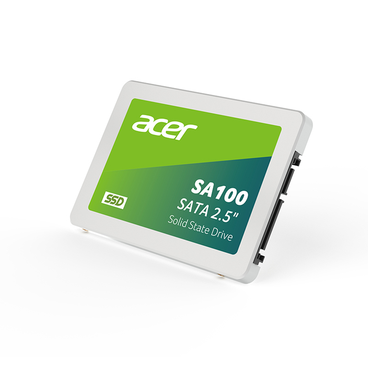 Eine Acer SA100 SSD SATA 2,5" Festplatte. Sie ist weiß mit einem grünen und blauen Farbverlaufsetikett. Das Acer-Logo und der SSD-Text sind sichtbar.