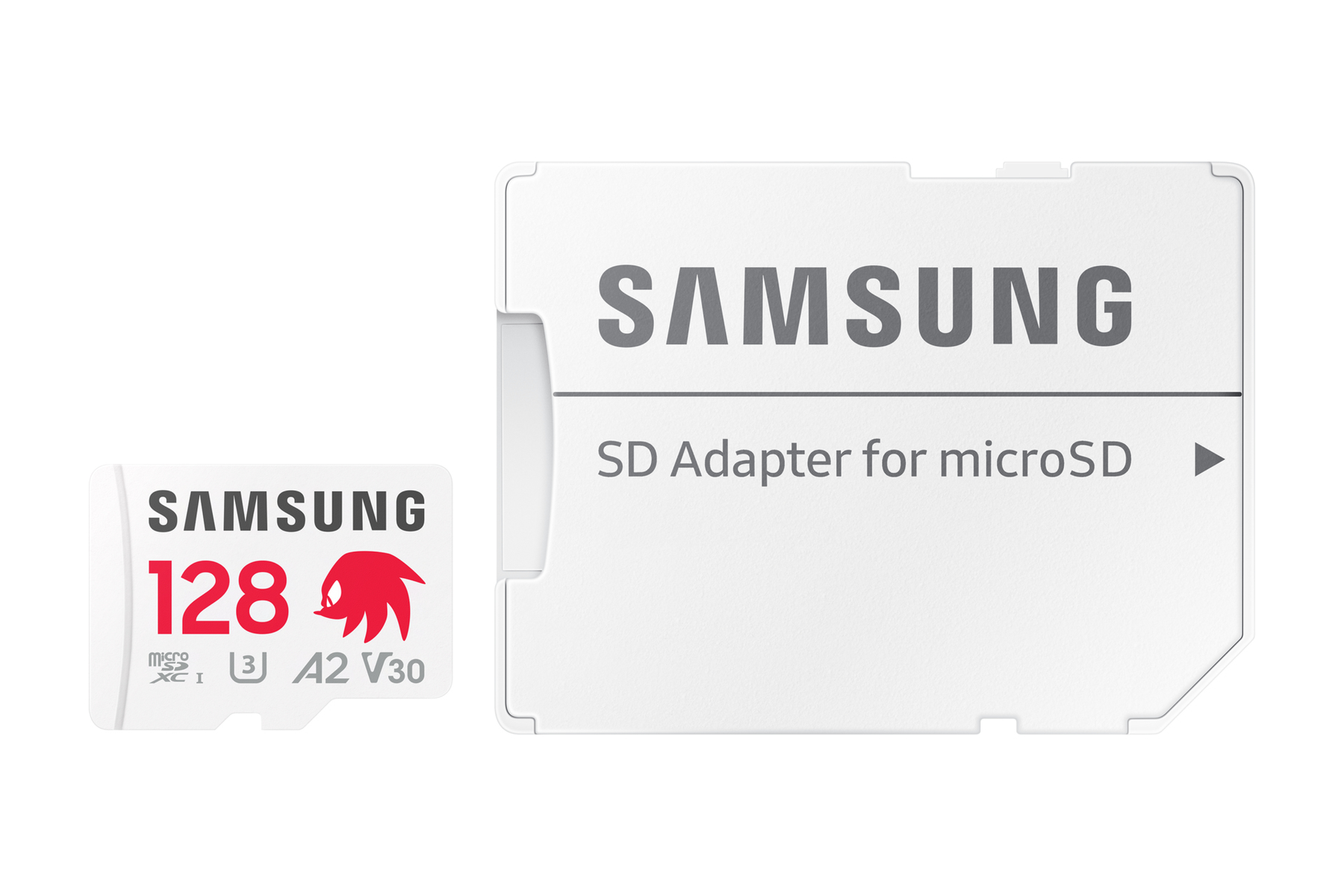 Karta SD i adapter Samsung na białym tle. Karta ma nadruk 128 i czerwony wzór.