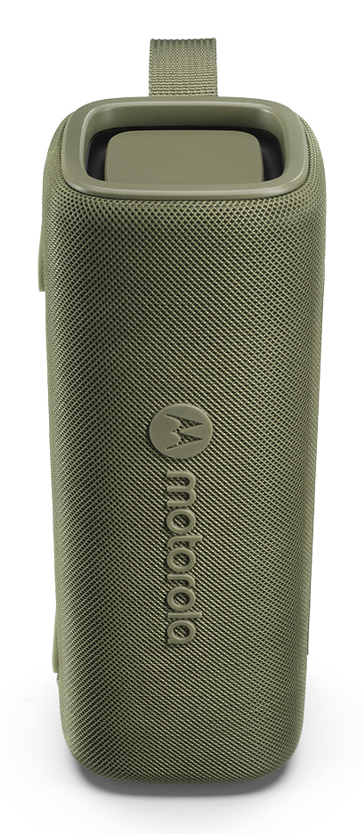 Een groene draagbare Motorola-luidspreker. Het heeft een mesh-textuur en een handvat aan de bovenkant. Het Motorola-logo is zichtbaar.