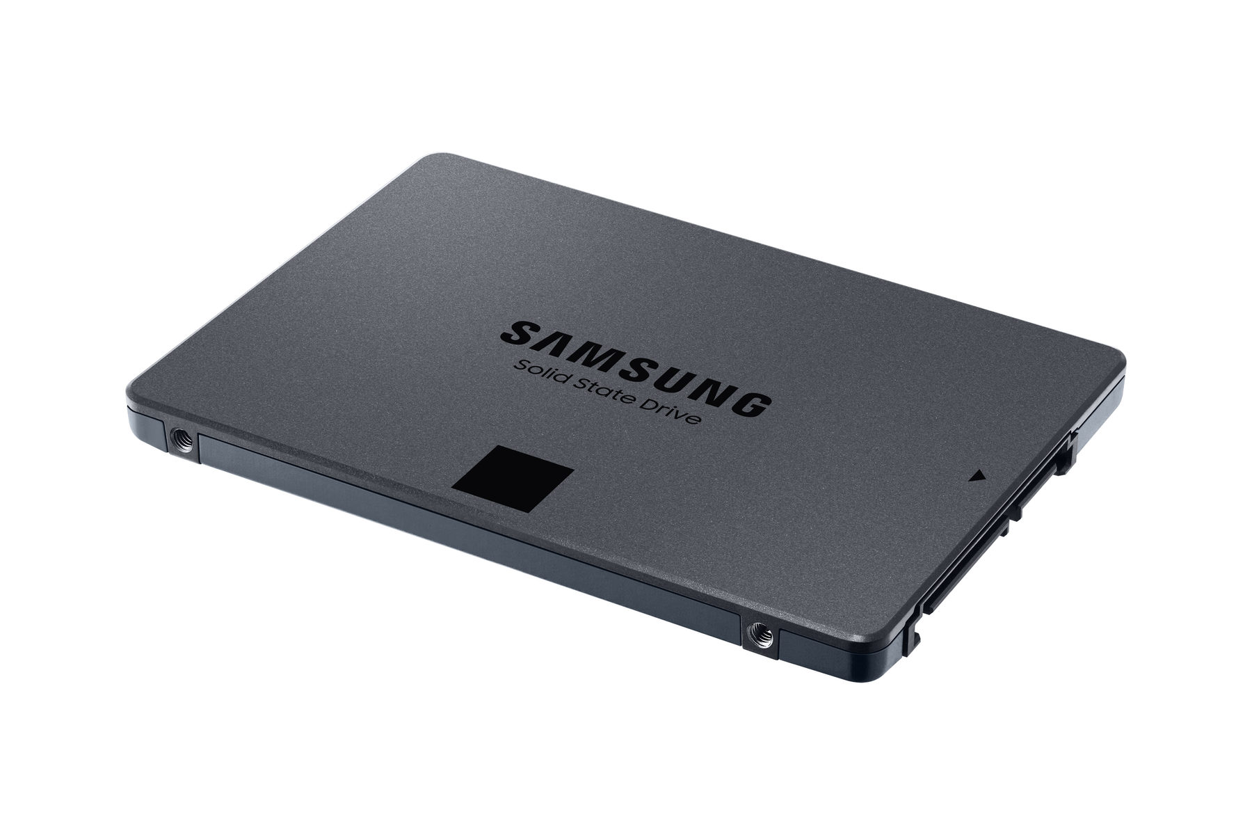 Un disque SSD Samsung est présenté sur fond blanc. Il est gris foncé, avec le nom de la marque et 'Solid State Drive' imprimés.