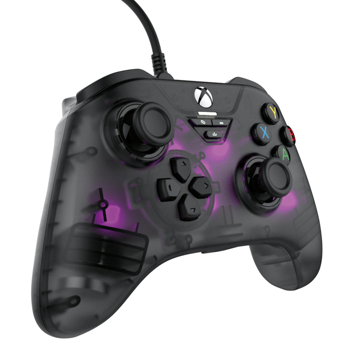 Ein durchsichtiger schwarzer Xbox-Controller mit lila Innenbeleuchtung. Er hat Knöpfe, Joysticks und ein angeschlossenes Kabel.