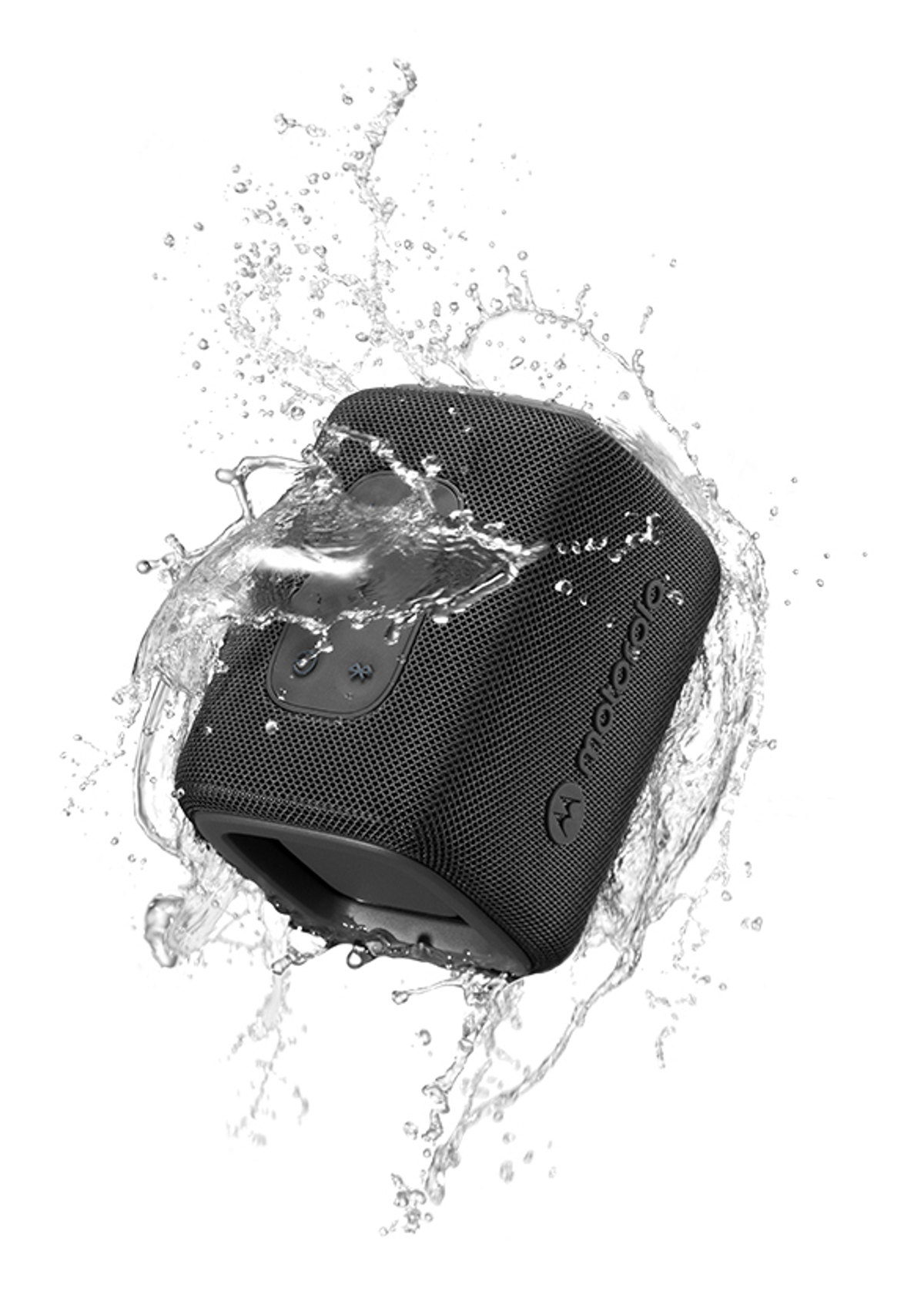 Ein schwarzer Motorola-Lautsprecher ist von spritzendem Wasser umgeben. Der Lautsprecher hat ein Mesh-Design und das Motorola-Logo.