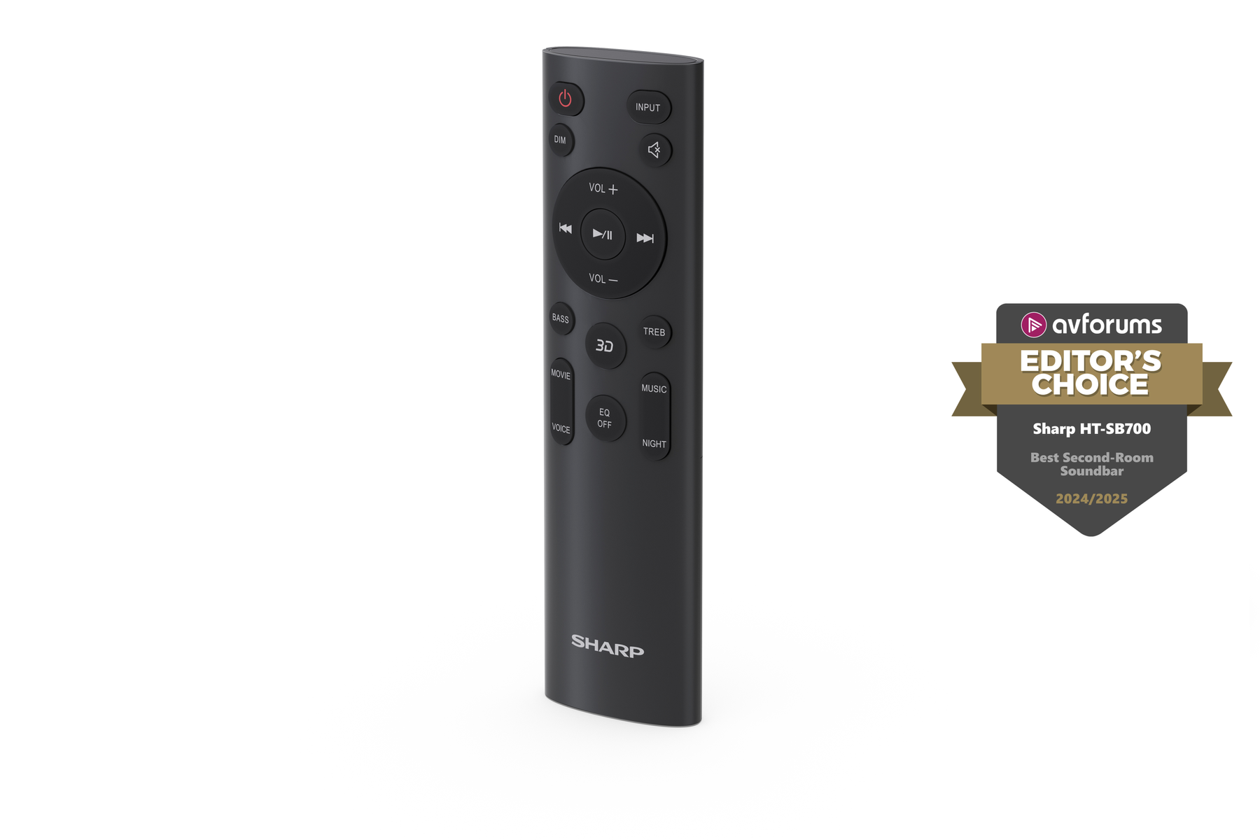 Czarny pilot do soundbaru Sharp. Zawiera przyciski zasilania, głośności i inne funkcje. Pokazano nagrodę Editor's Choice.