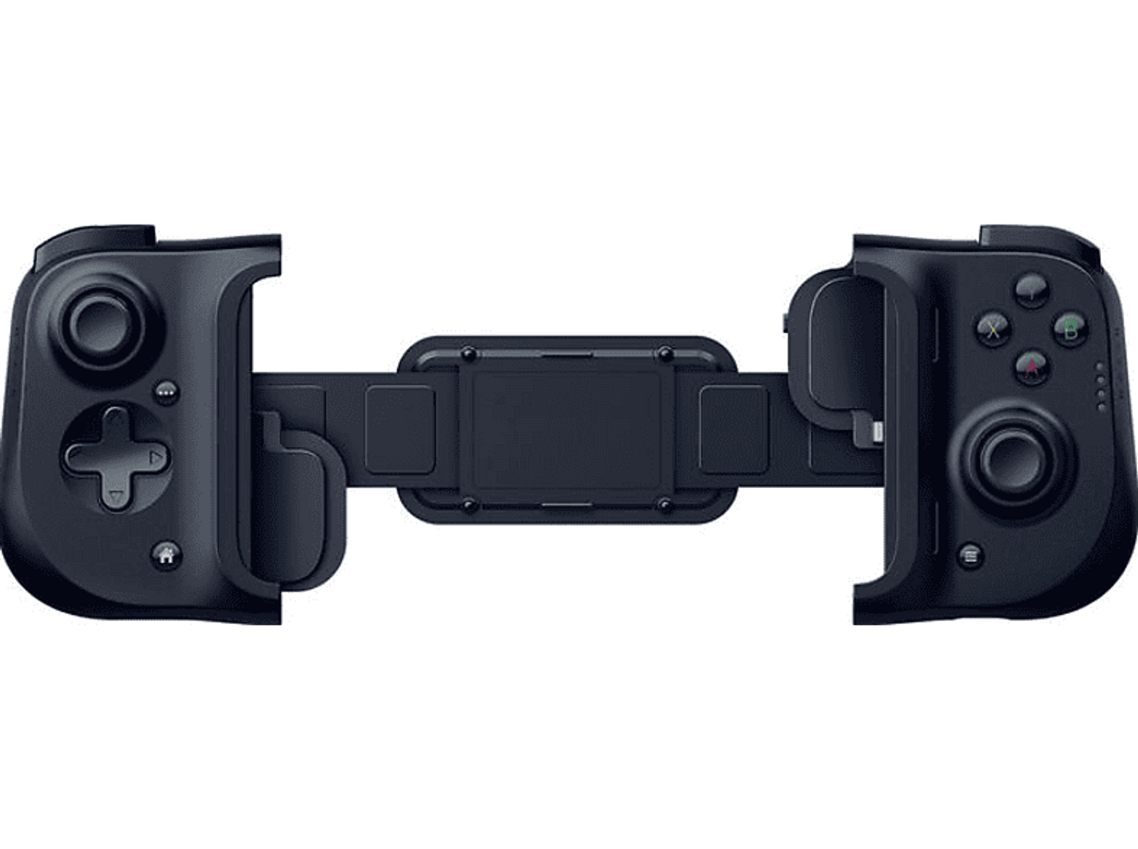 Czarny gamepad z centralnym uchwytem, przyciskami i joystickami, przeznaczony do gier mobilnych, na białej powierzchni.