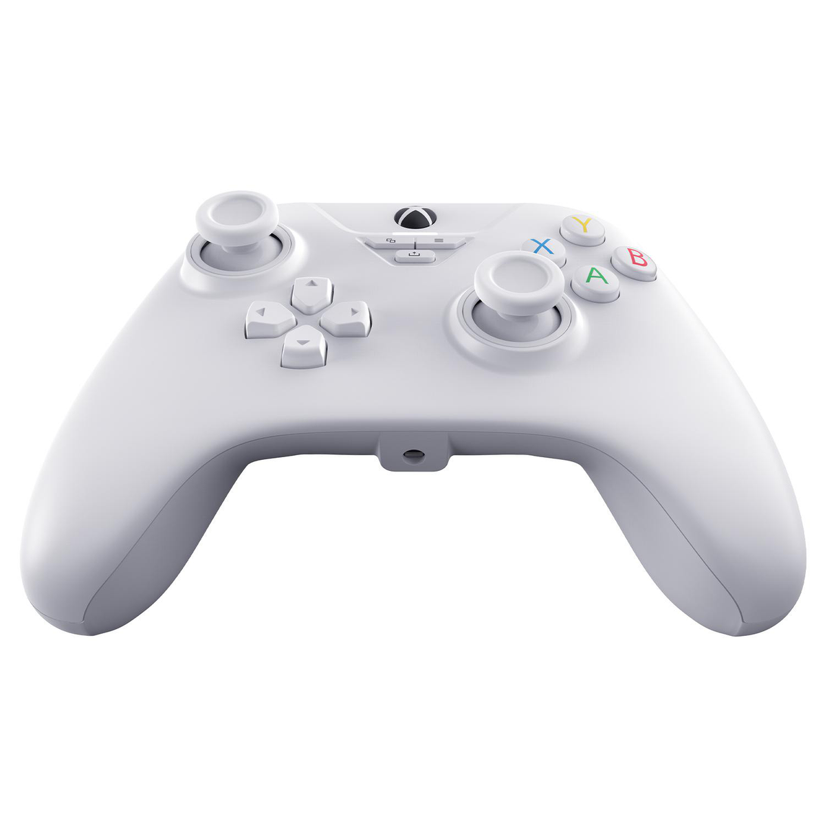 Ein weißer Xbox-Controller. Er hat Knöpfe, Joysticks und ein Steuerkreuz. Der Hintergrund ist schlicht weiß.