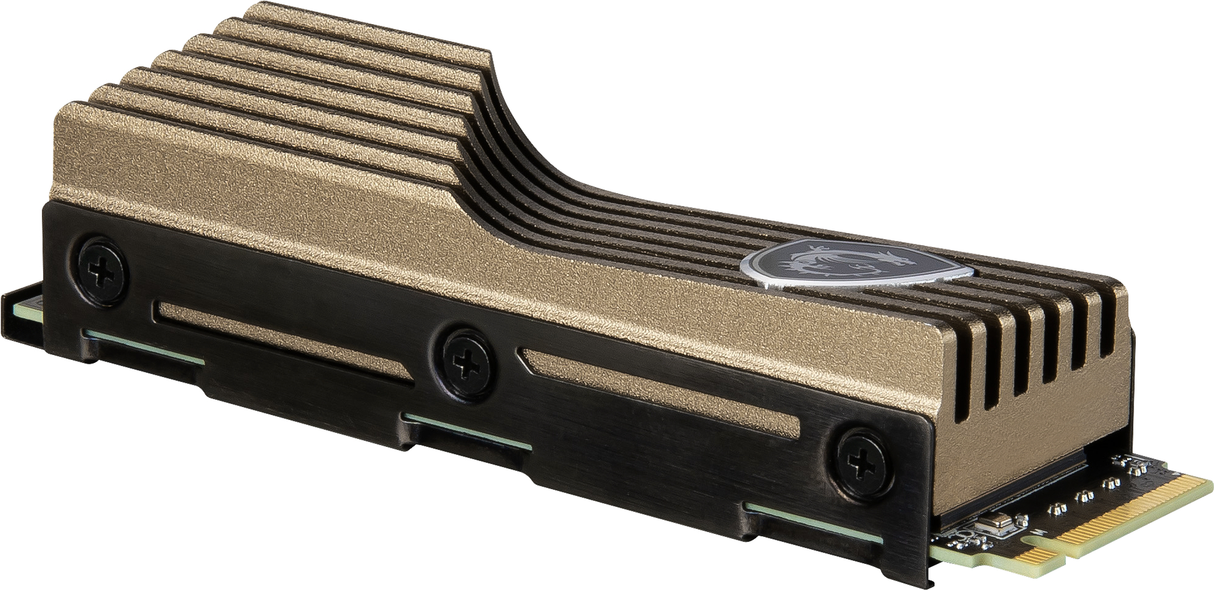 Radiator SSD M.2. Ma złoty radiator i czarną podstawę. Na górnej powierzchni widoczne jest logo smoka.