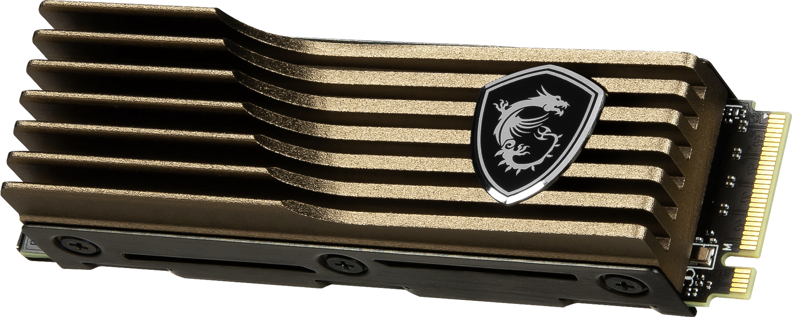 Brązowy i czarny radiator MSI M.2 SSD. Posiada logo smoka i żebrowaną konstrukcję. Złącze jest złote.