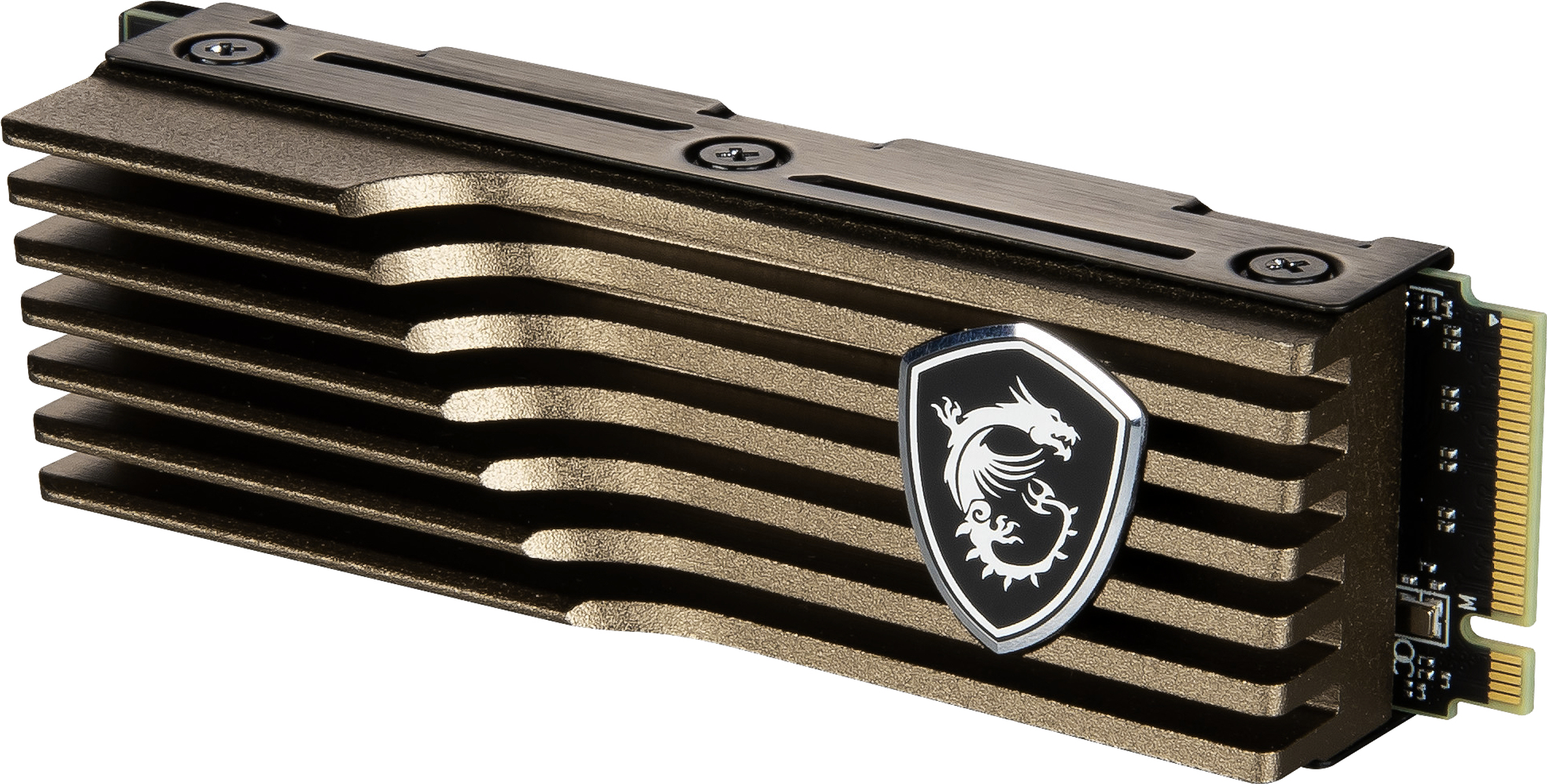 Radiator SSD M.2 z logo smoka. Radiator jest brązowy z czarnymi akcentami i śrubami.