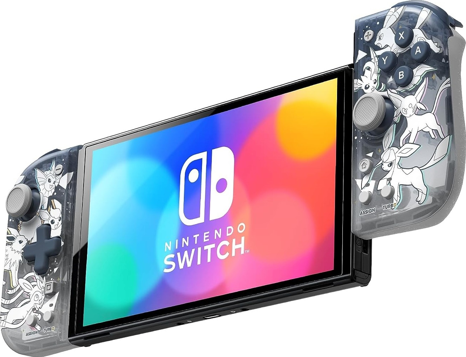 Konsola Nintendo Switch z kontrolerami Joy-Con w tematyce Pokemon, z Eevee. Ekran wyświetla kolorowe logo Nintendo Switch.