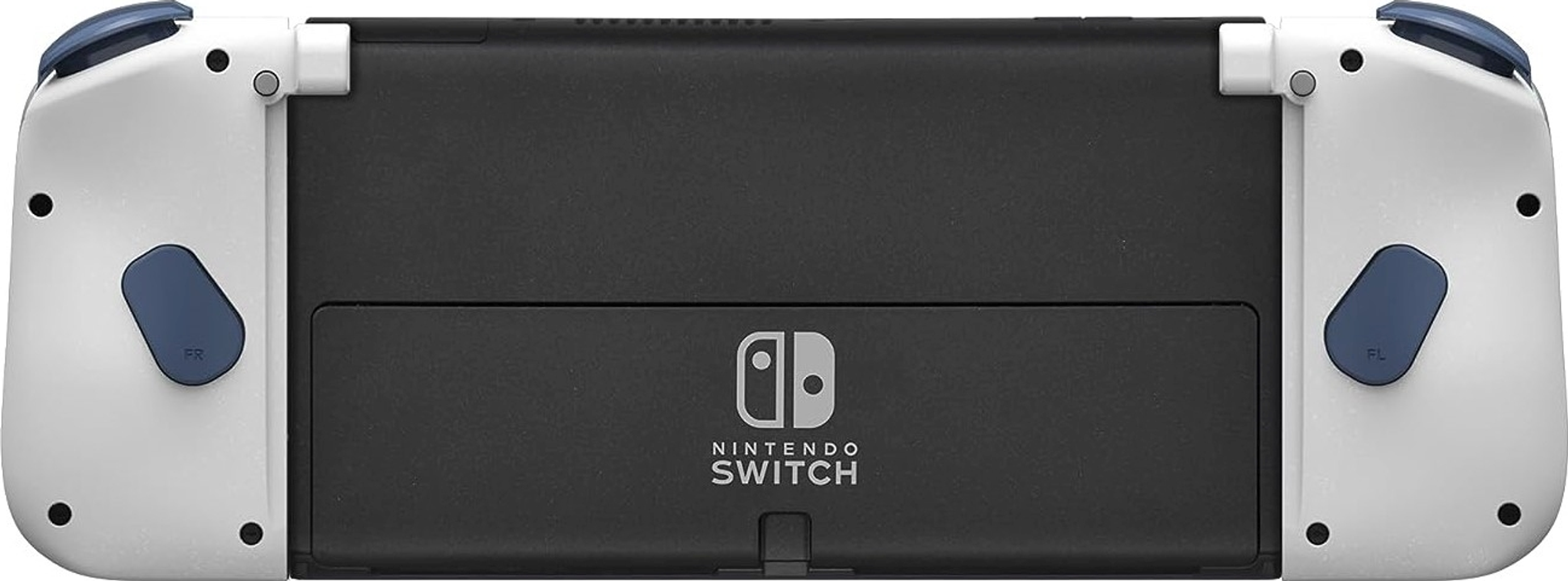 Tył konsoli Nintendo Switch. Białe boki, ciemnoszary środek z logo i niebieskimi detalami.