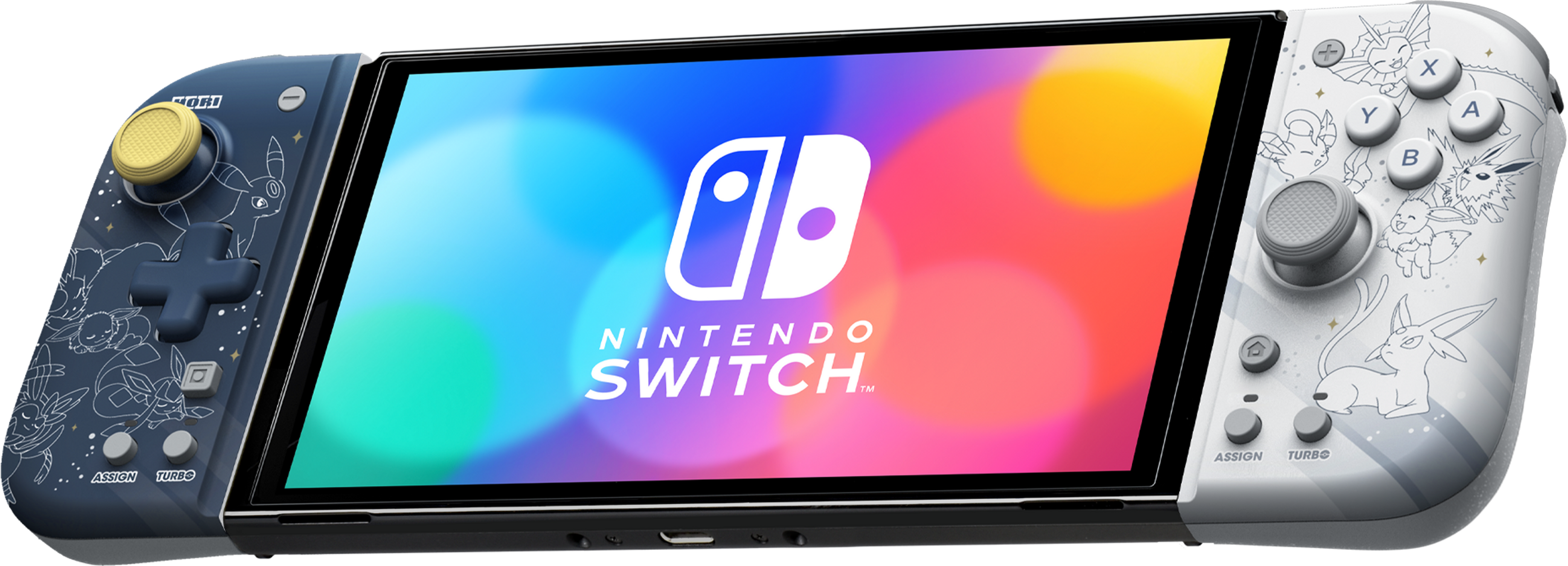 Konsola Nintendo Switch z dołączonymi kontrolerami. Ekran wyświetla logo Nintendo Switch. Kontrolery z grafiką Pokemon.