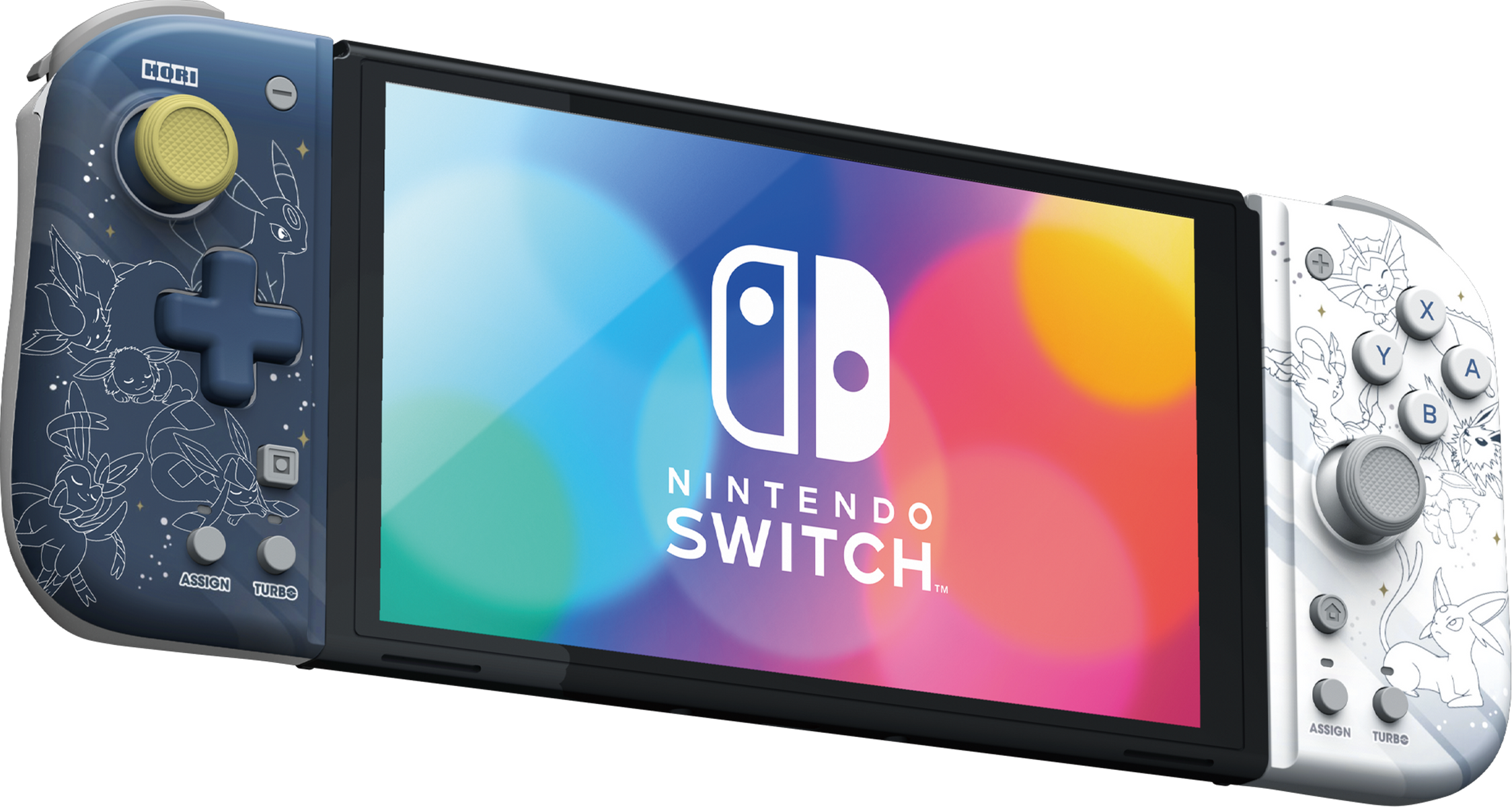 Kontroler Nintendo Switch z postaciami Pokemon. Niebieskie i białe kontrolery z ekranem wyświetlającym logo Nintendo Switch.