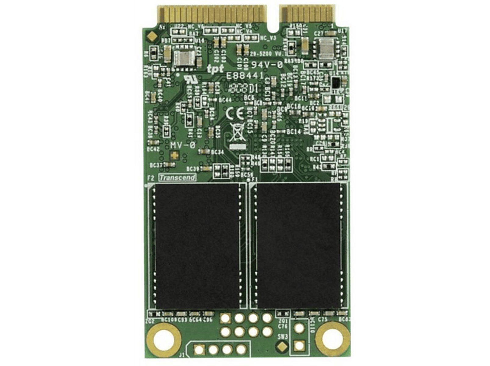Eine grüne Leiterplatte mit Chips und Komponenten. Zwei schwarze rechteckige Speicherchips befinden sich unten.