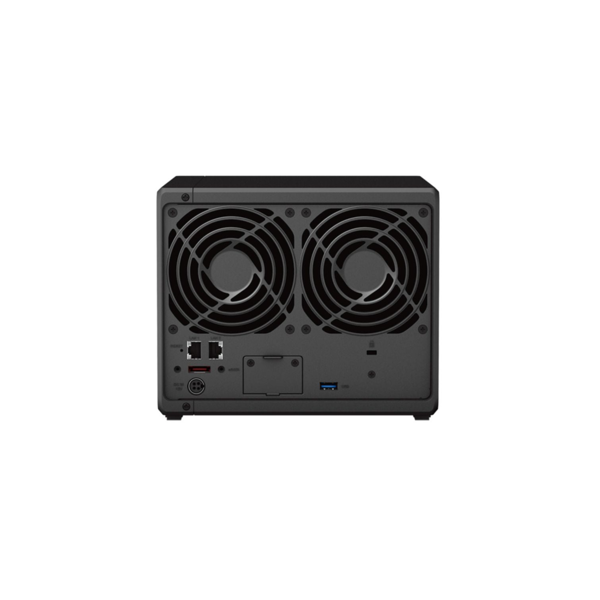Ein schwarzes NAS-Gerät mit zwei großen Lüftern. Es hat Anschlüsse für Netzwerk und USB, Strom und andere.