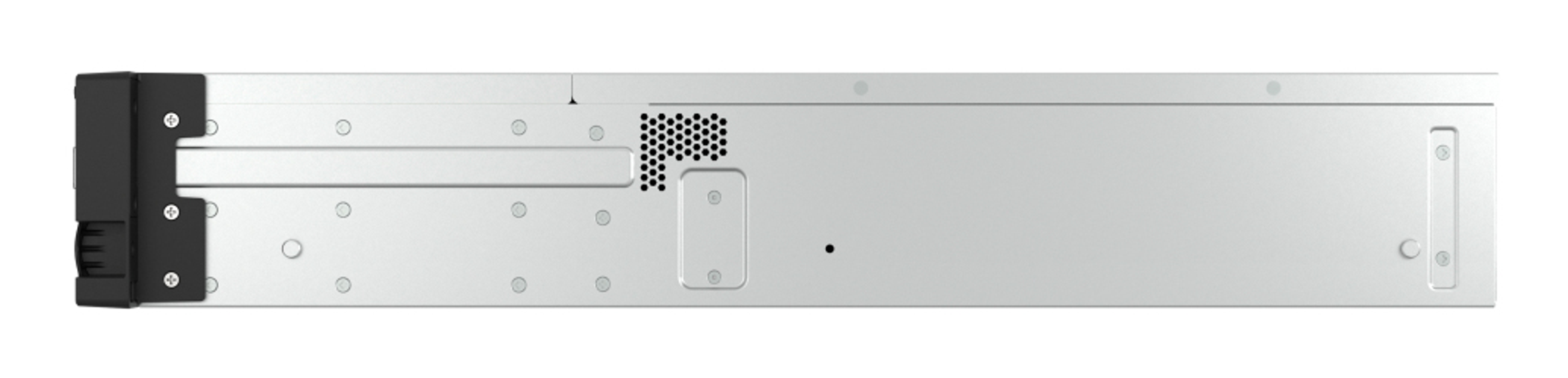 Componente plateada de servidor informático con asa negra y orificios de ventilación. Varios tornillos visibles.