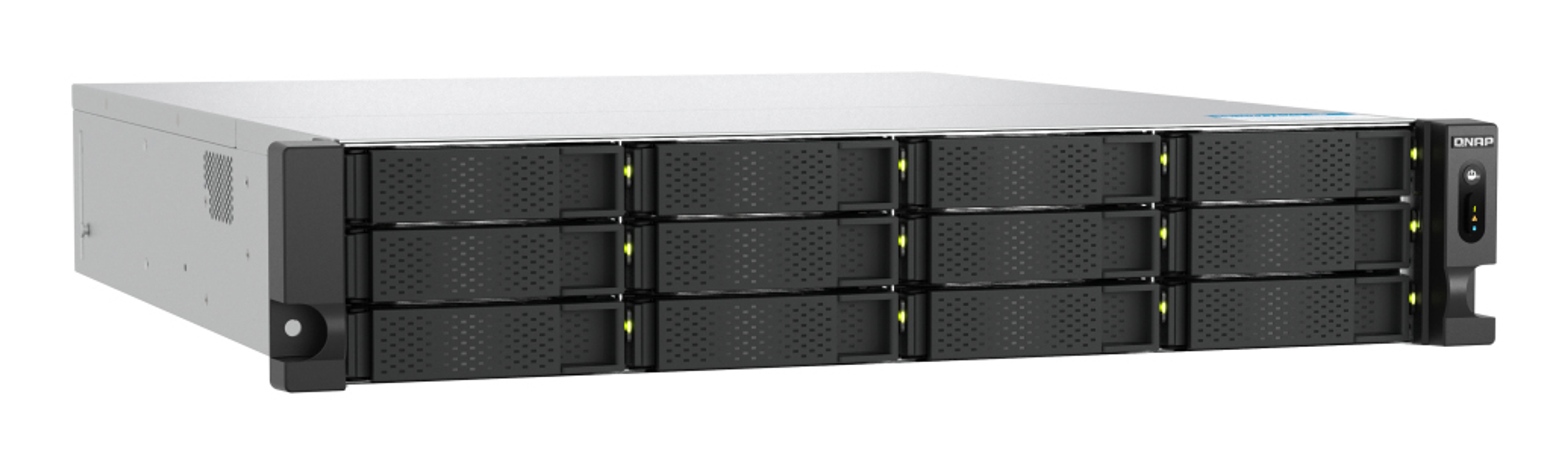 Un servidor NAS QNAP negro y gris. Tiene múltiples bahías de disco y luces indicadoras.