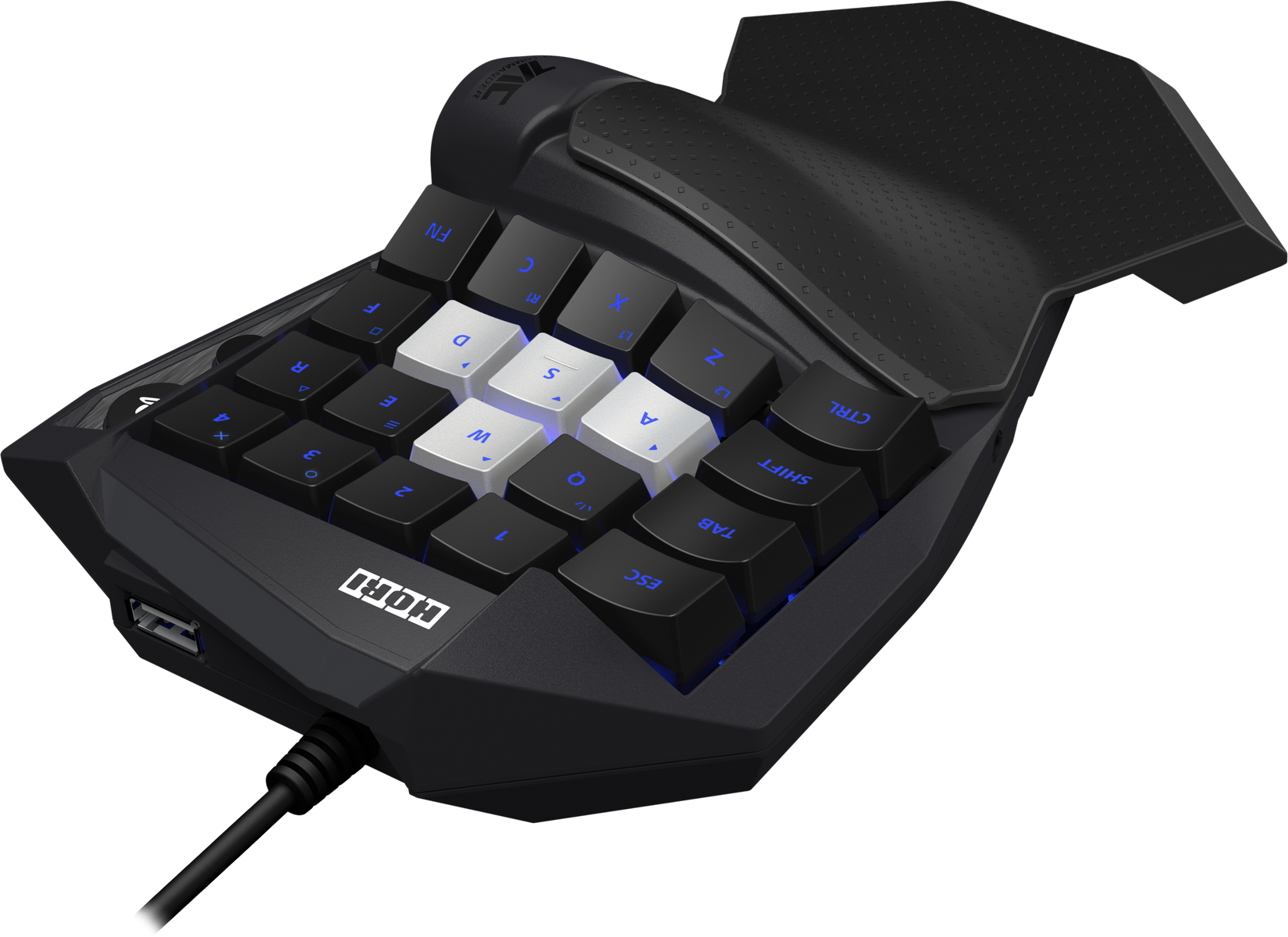 Tastiera da gioco nera con vari tasti, tra cui WASD, CTRL e Maiusc. I tasti sono retroilluminati di blu e ha un poggiapolsi.