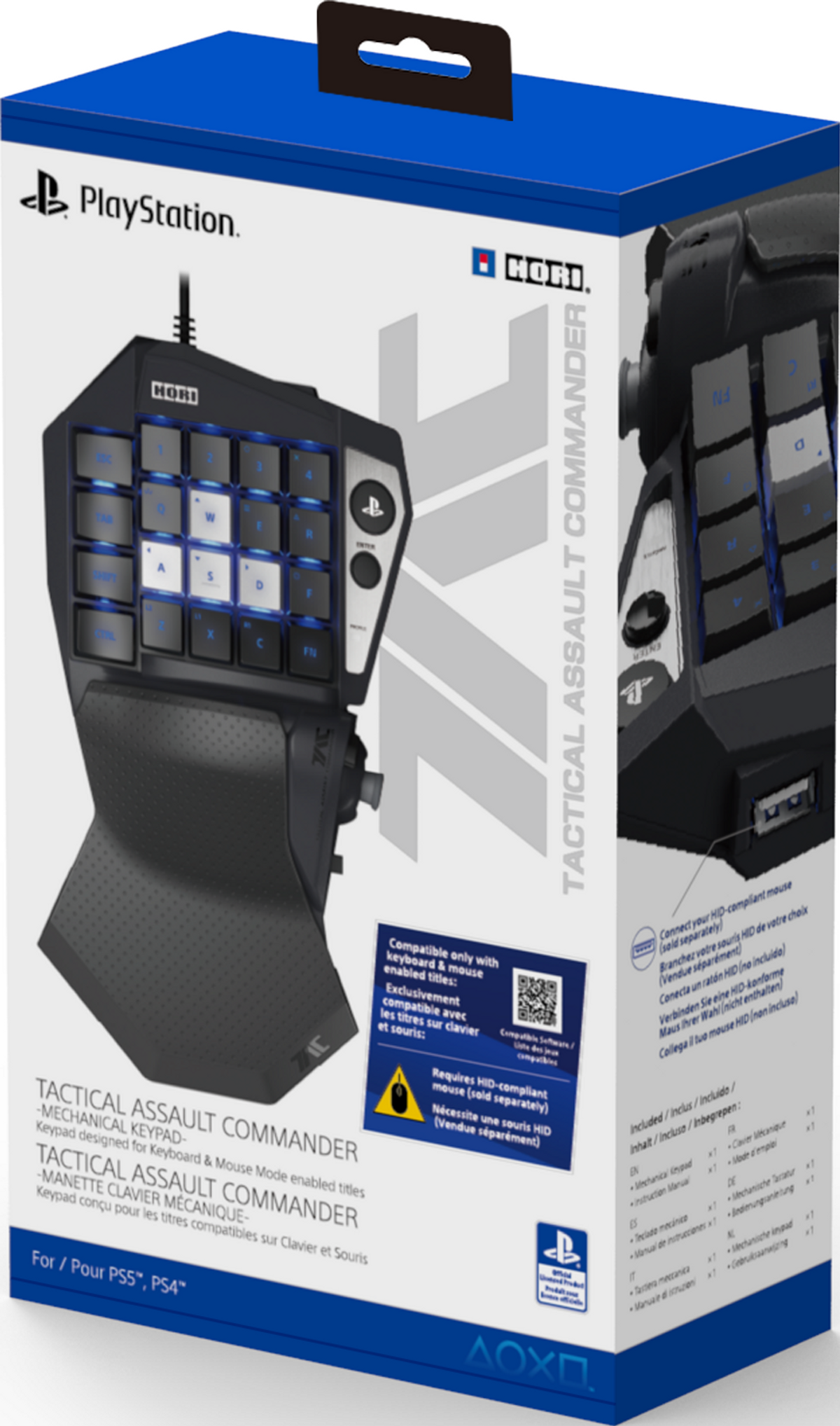 Tastiera da gioco nera in scatola con tasti illuminati di blu, un joystick e il logo PlayStation. 