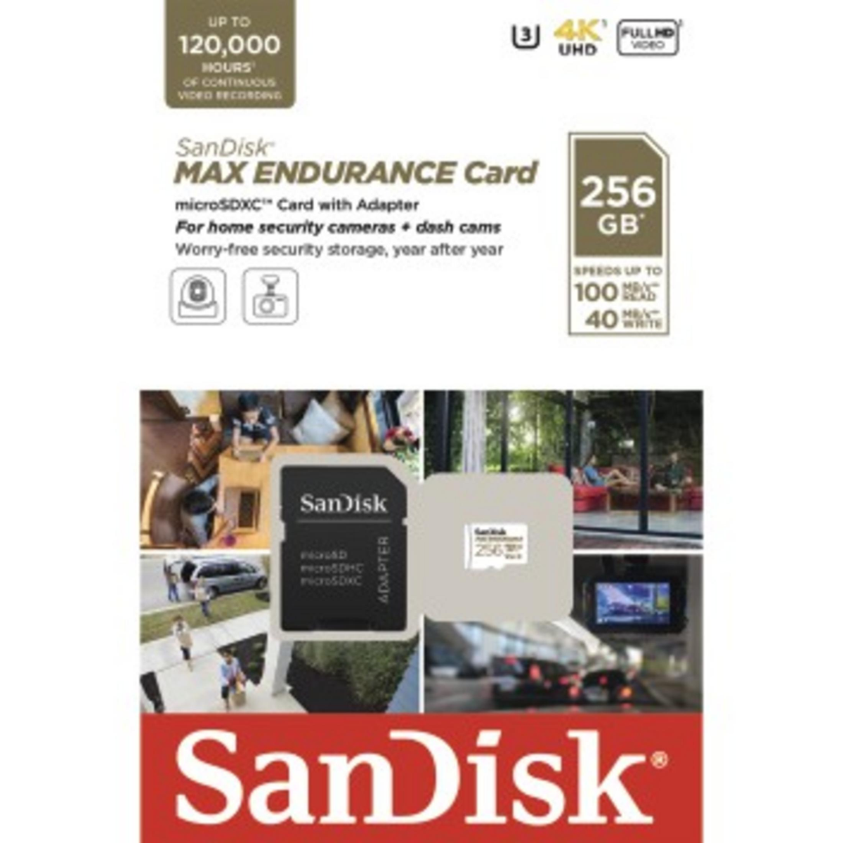 SanDisk Max Endurance Karte. Bietet 256GB Speicher, 100MB/s Lesegeschwindigkeit. Enthält Bilder von Kameras, Autos und Personen.