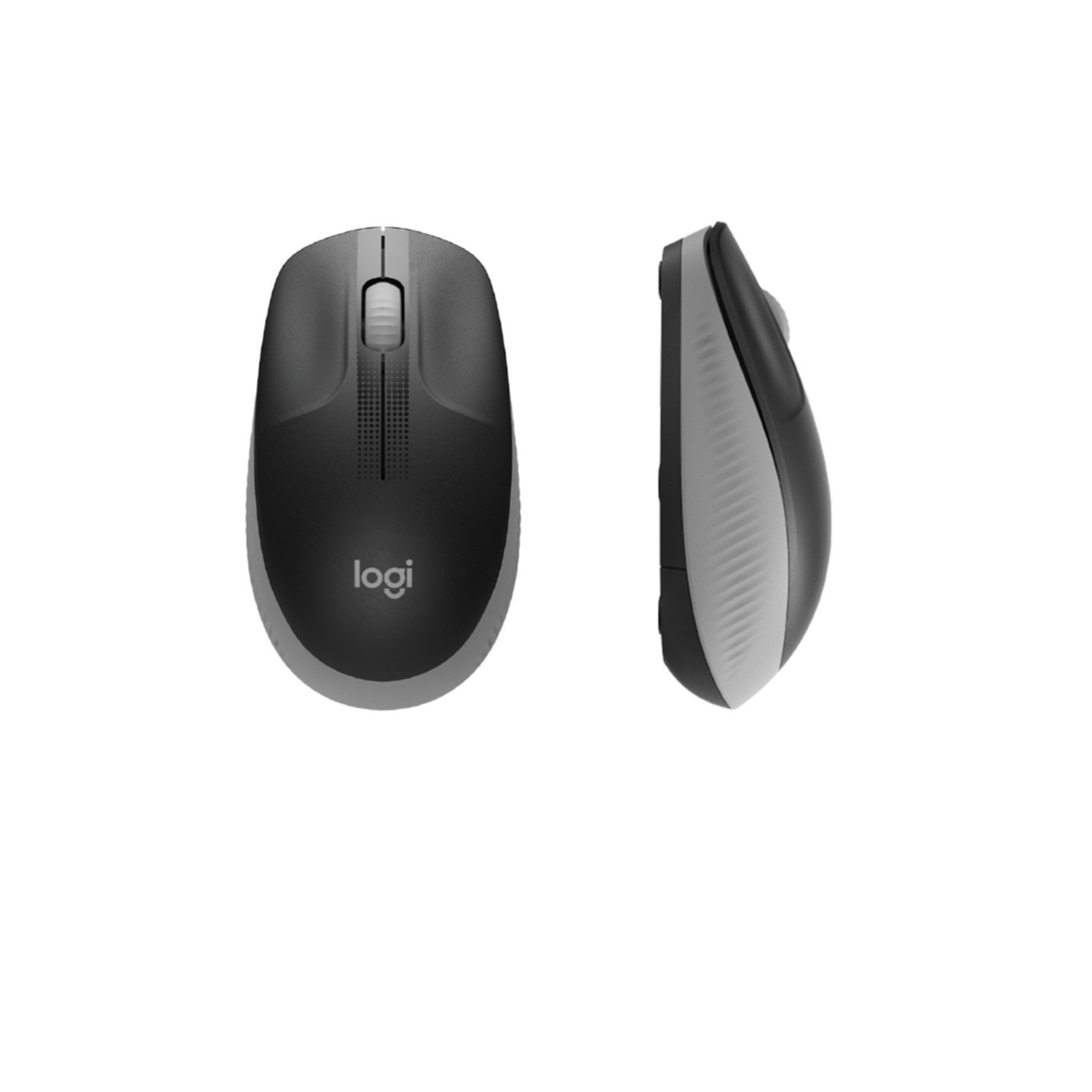 Bezprzewodowa mysz Logitech. Czarno-szara, z kółkiem przewijania i logo Logitech. Białe tło.
