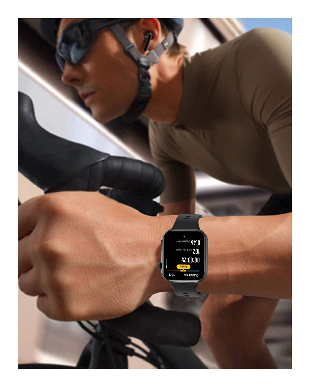 Cyclist with watch showing stats. Watch displays time, distance, and heart rate. Cyclist wearing helmet and sunglasses, on a bike.