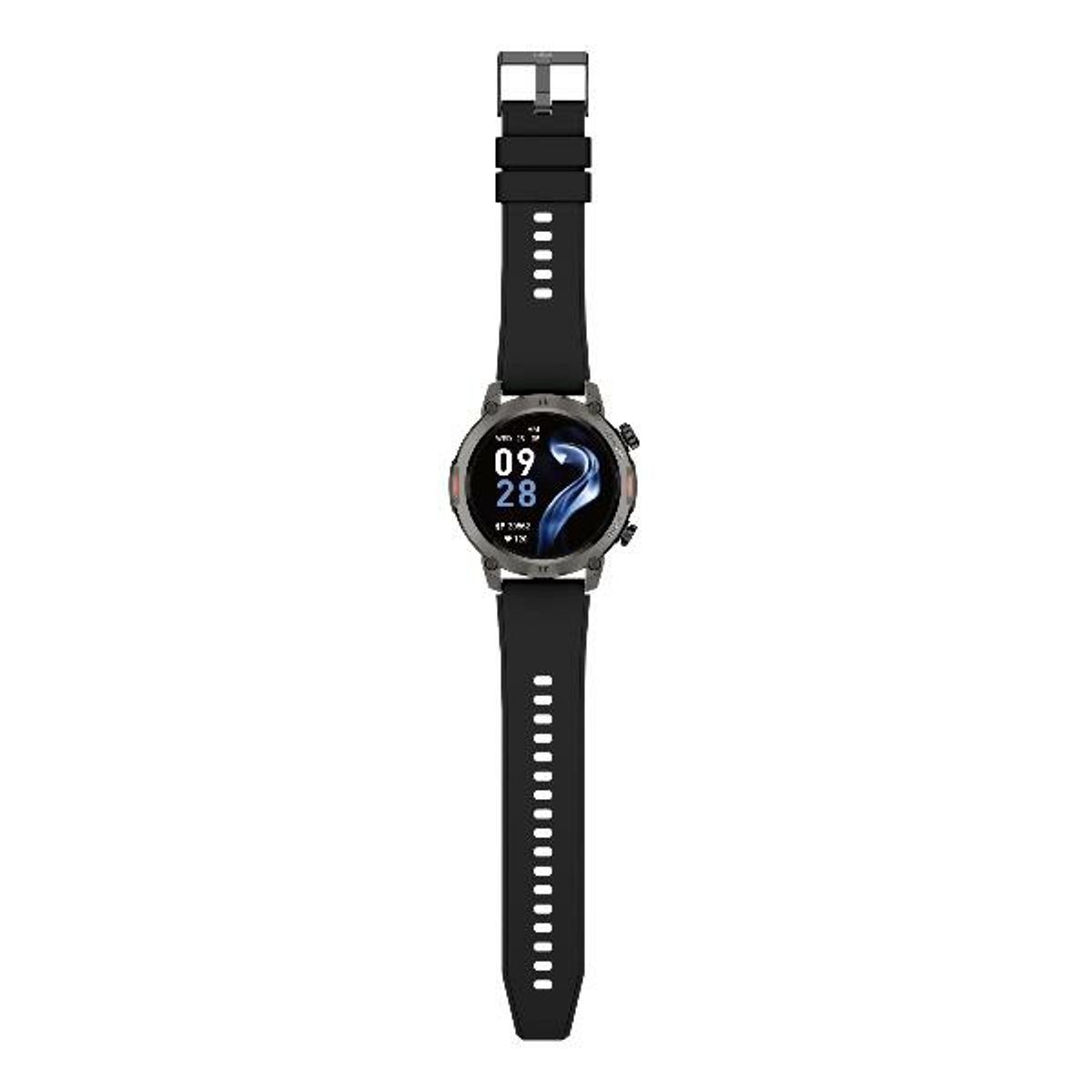 Uno smartwatch nero con display digitale che mostra data e ora. L'orologio ha un cinturino nero e una lunetta grigia.