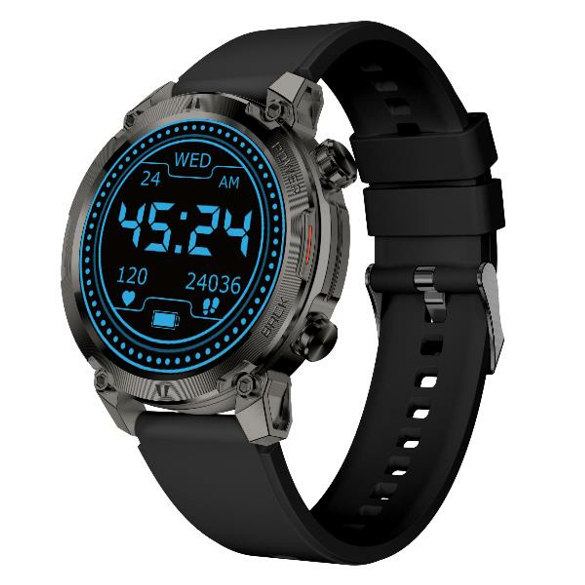 Smartwatch nera con quadrante rotondo che mostra l'ora 45:24. Ha un cinturino nero e un corpo grigio metallizzato. Lo schermo è blu.