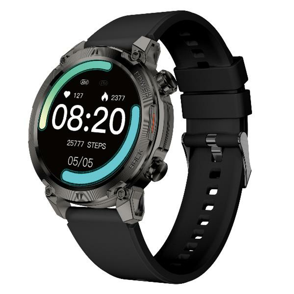 Uno smartwatch nero mostra ora, passi e data. Ha un cinturino nero e una cassa in metallo grigio.