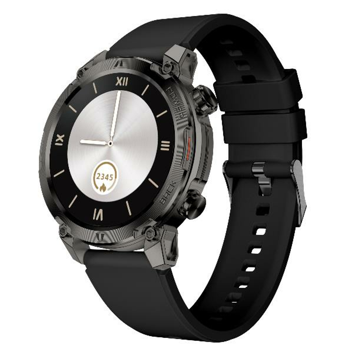 Uno smartwatch nero con quadrante rotondo, quadrante argentato e cinturino nero. L'orologio mostra l'ora e ha pulsanti laterali.
