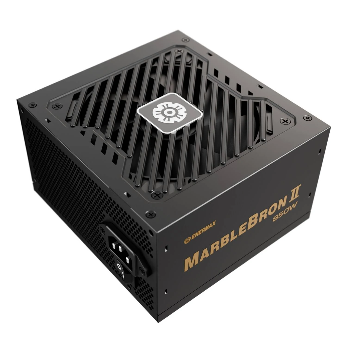 Un bloc d'alimentation noir pour ordinateur. Il a un ventilateur, des fentes d'aération et le nom MARBLEBRON II 850W en or.