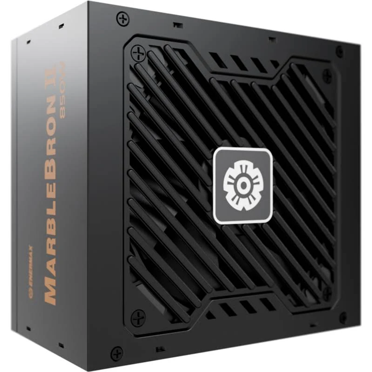 Un bloc d'alimentation (PSU) noir. Il a un design de grille, un logo et le texte 'MARBLEBRON 850W'.