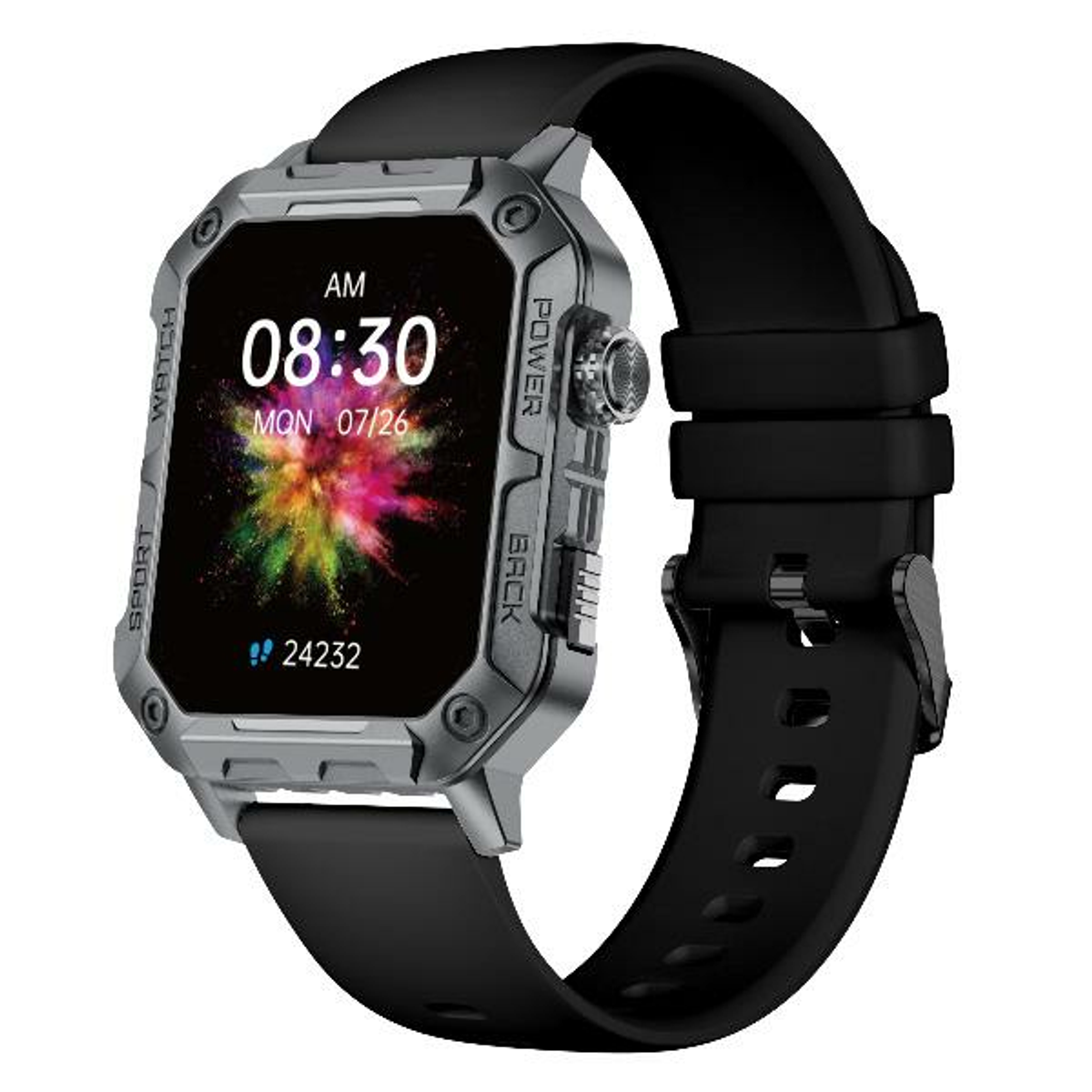 Uno smartwatch nero con cornice argentata. Lo schermo mostra le 08:30 AM, sfondo colorato e data. Cinturino nero attaccato.