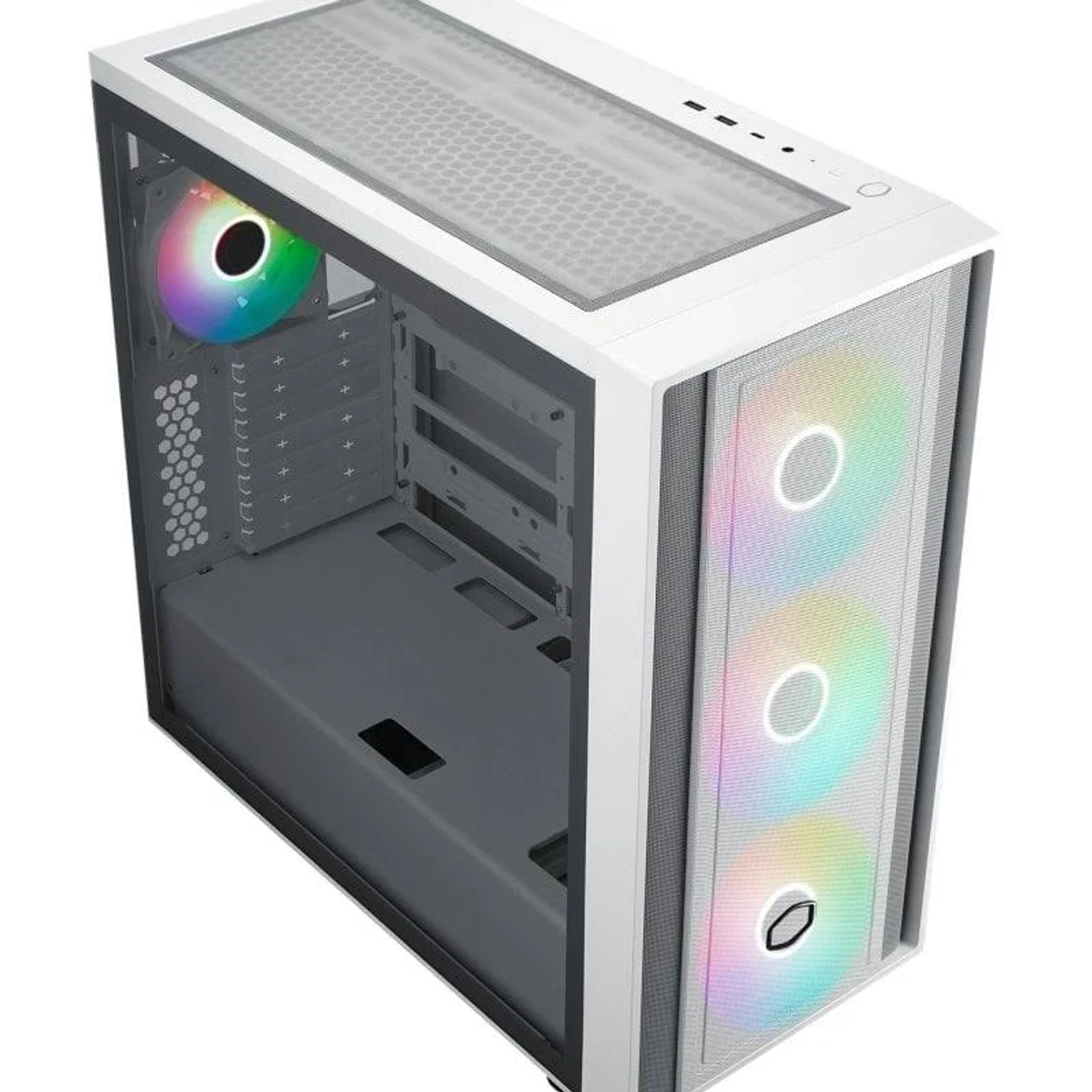 Mesh ön ve üst kısma sahip beyaz bilgisayar kasası. RGB fanlar görünür. İçerisi boş. Ön kısımda üç RGB fan bulunur.