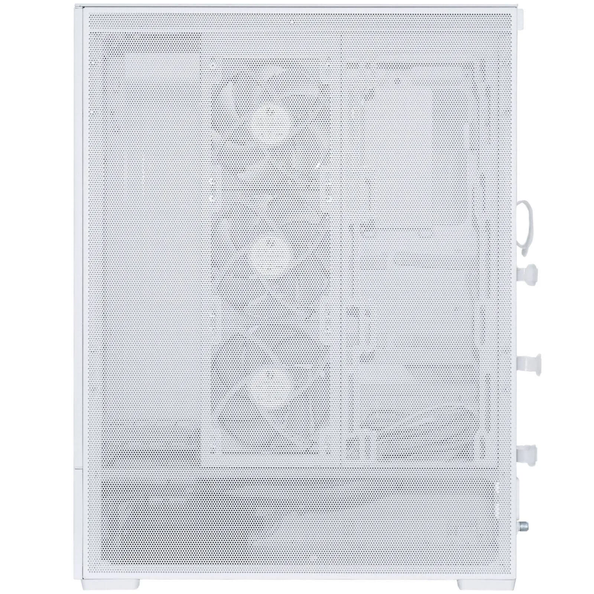 Witte computerkast met mesh voorpaneel. Het heeft drie zichtbare ventilatoren. De zijkant heeft knoppen en een handvat.