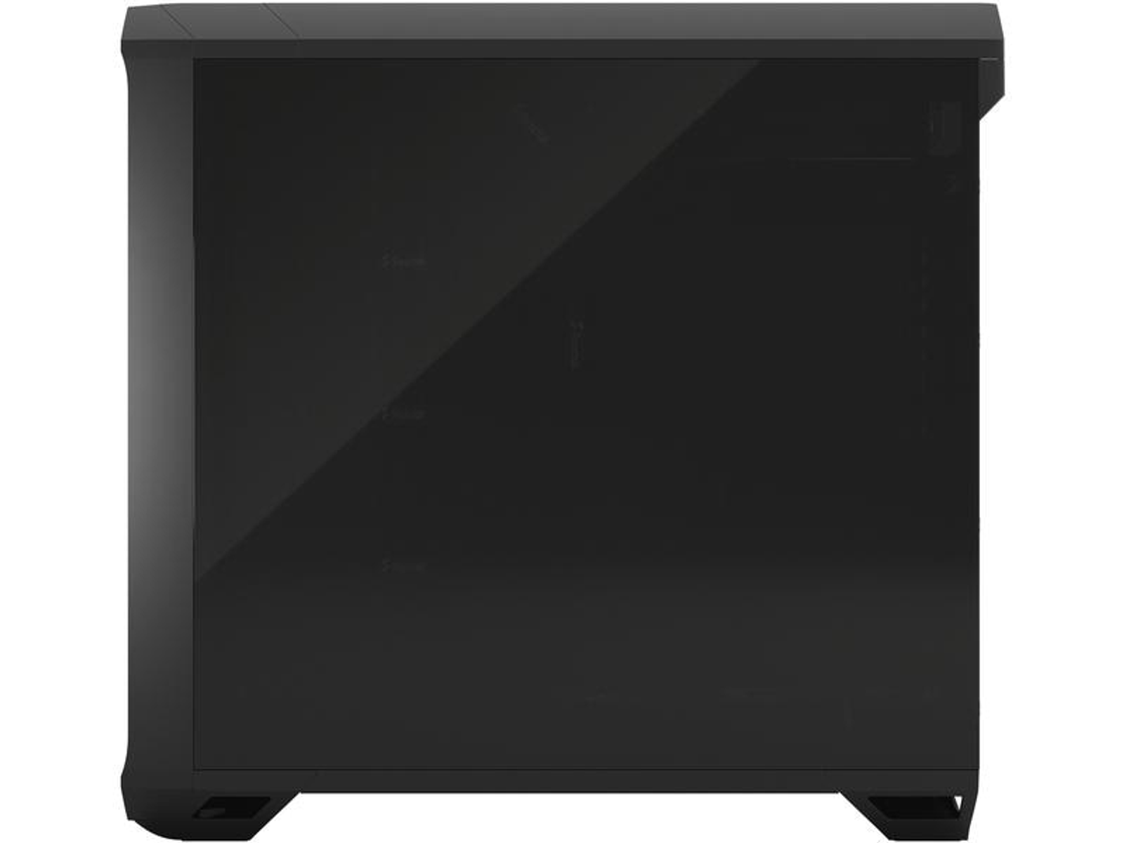 Ein schwarzes Computergehäuse mit einer Glasseitenwand. Das Gehäuse ist rechteckig mit abgerundeten Kanten.
