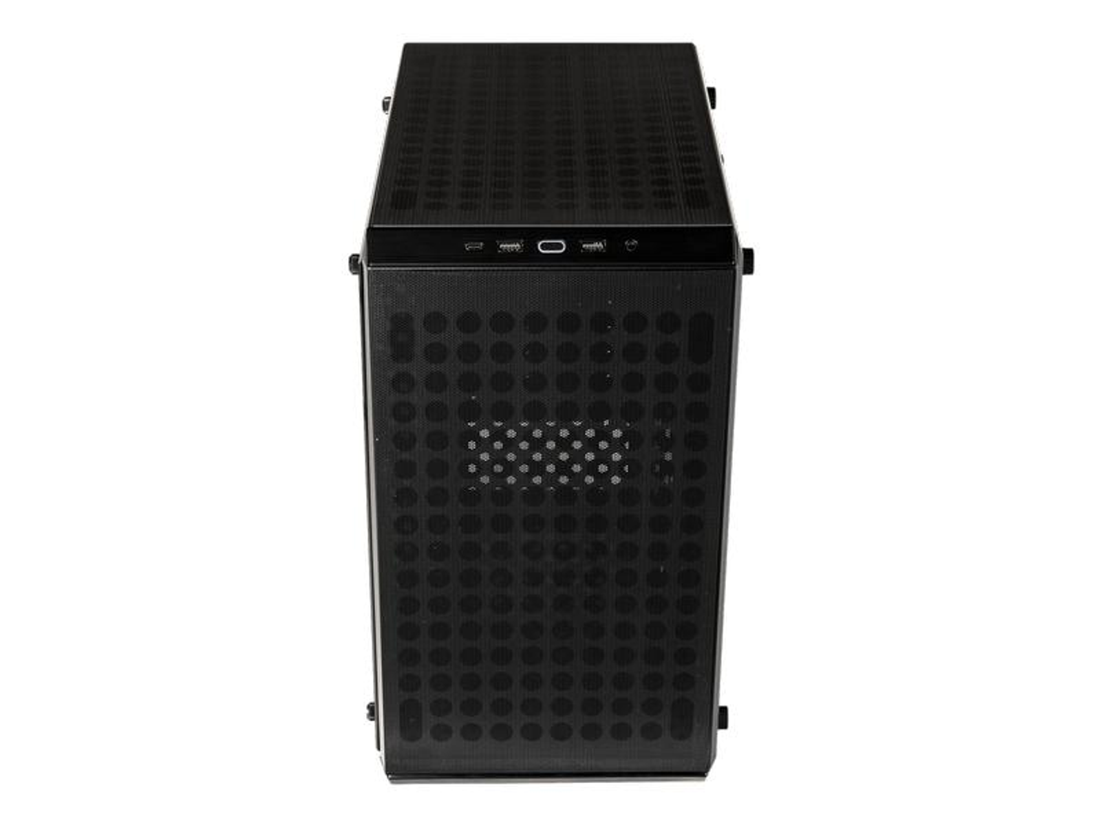 Un case per computer nero, vista frontale. Ha un pannello frontale perforato e una parte superiore solida. Le porte USB sono visibili in alto.