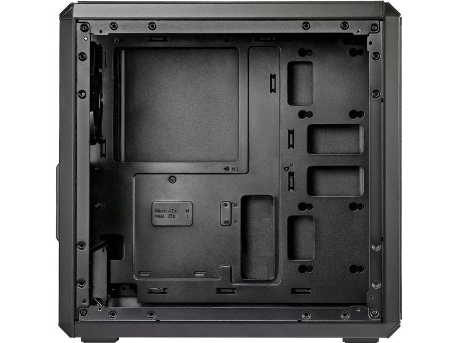 Interno di un case per computer nero vuoto. Ha varie aperture per i componenti. Il case è progettato per schede madri Micro ATX e Mini ITX.