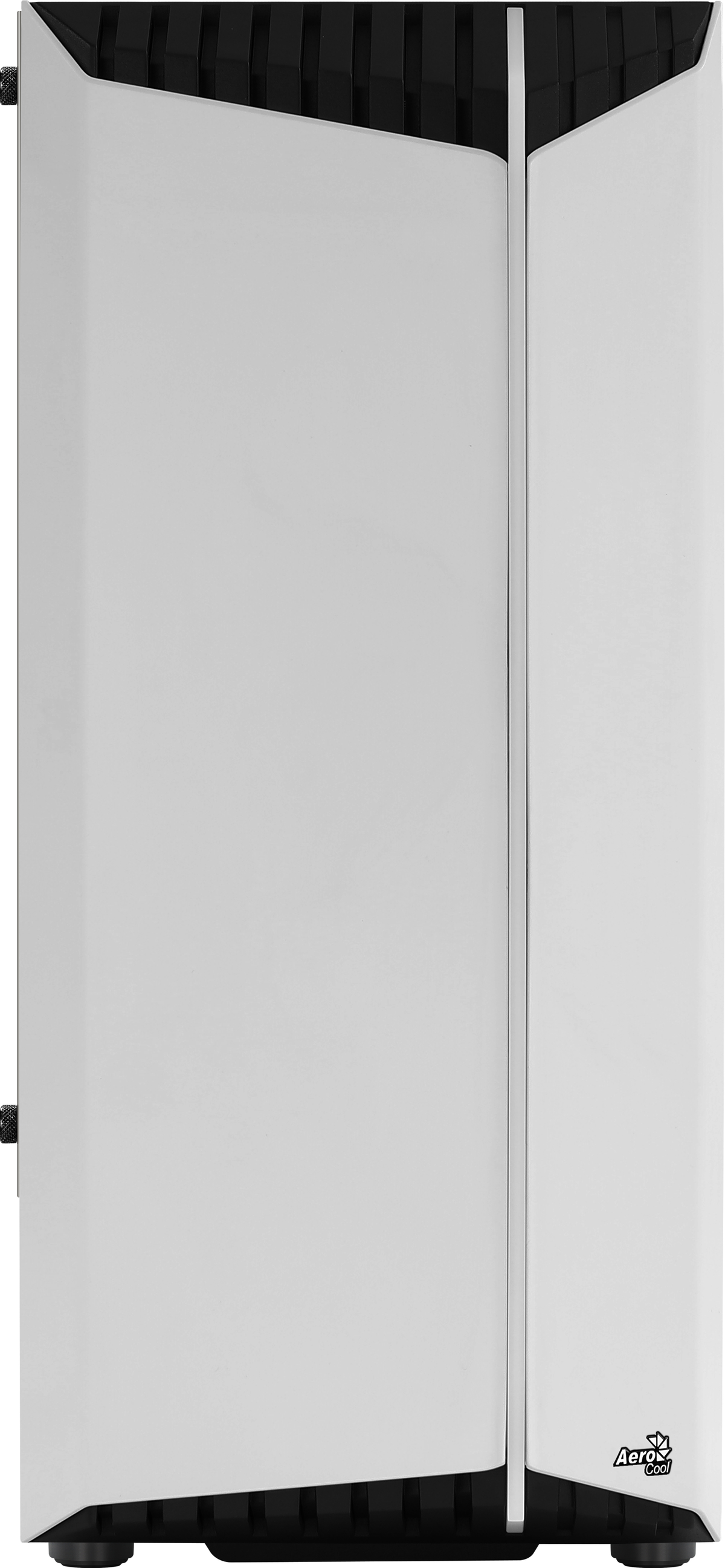 Biała obudowa komputera z czarnymi akcentami i logo AeroCool. Posiada pionowy srebrny pasek.