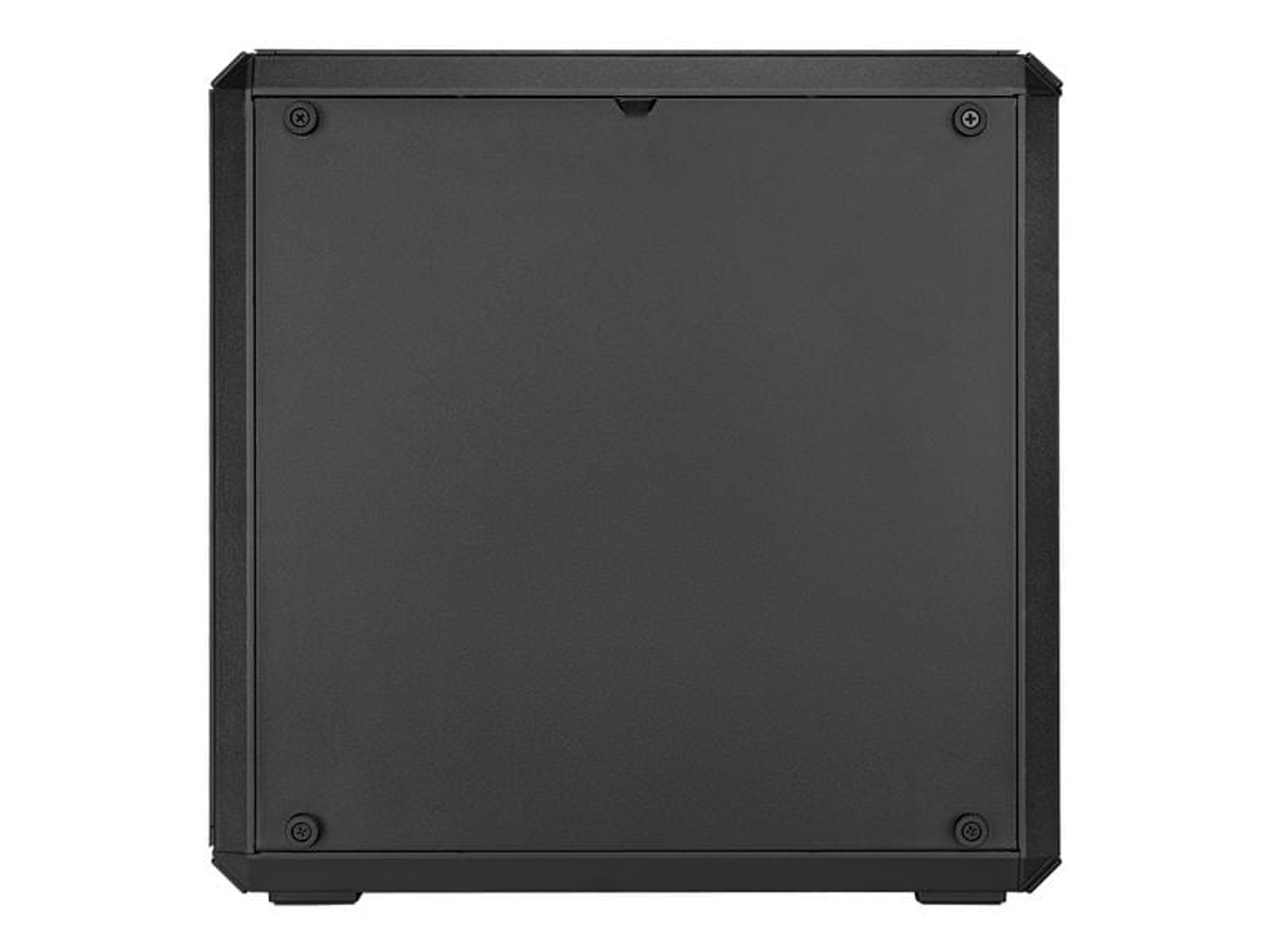 Vista frontale di un case per computer nero, con viti ad ogni angolo e una piccola maniglia in alto.