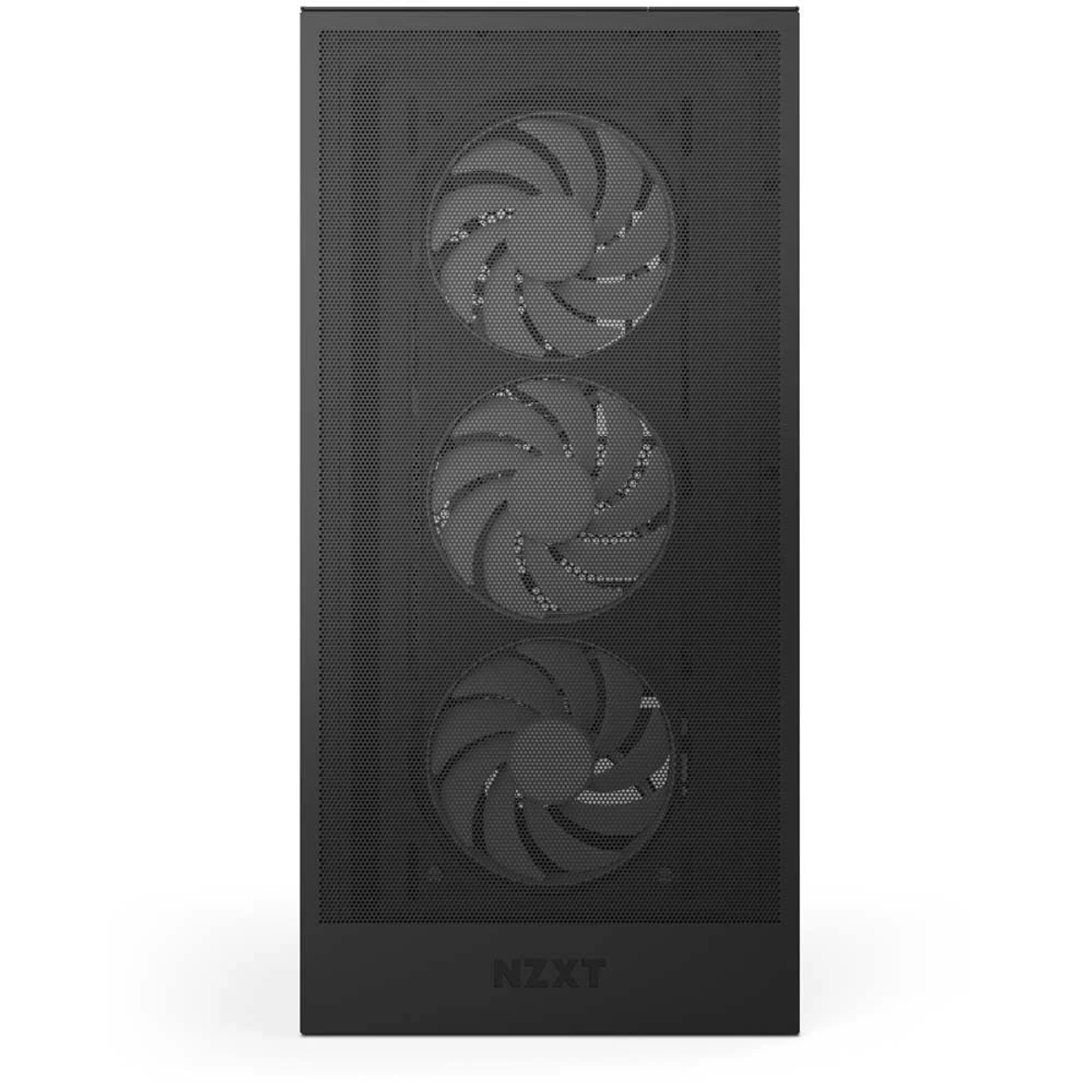 Czarna obudowa komputera z trzema okrągłymi otworami na wentylatory. Logo NZXT znajduje się na dole. Przedni panel jest perforowany.