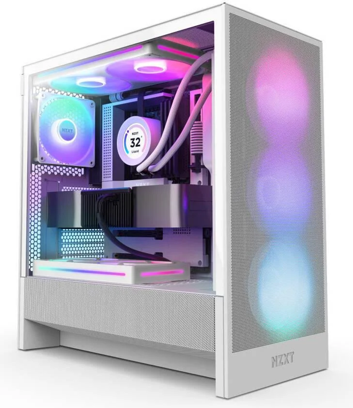 Biała obudowa komputera z oświetleniem RGB na komponentach, wentylatorach i panelu przednim. Widoczne logo NZXT. Widoczne komponenty wewnętrzne.